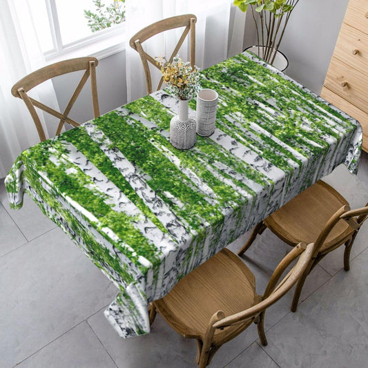 RTAFGU Forest Tablecloth, Waterproof Table Cloth Vibrant Green Birch Forest, Nature Woodland Decor Design Stain Resistant Spillproof Polyester for Kitchen Dining Party Rectangular 55" x 35"