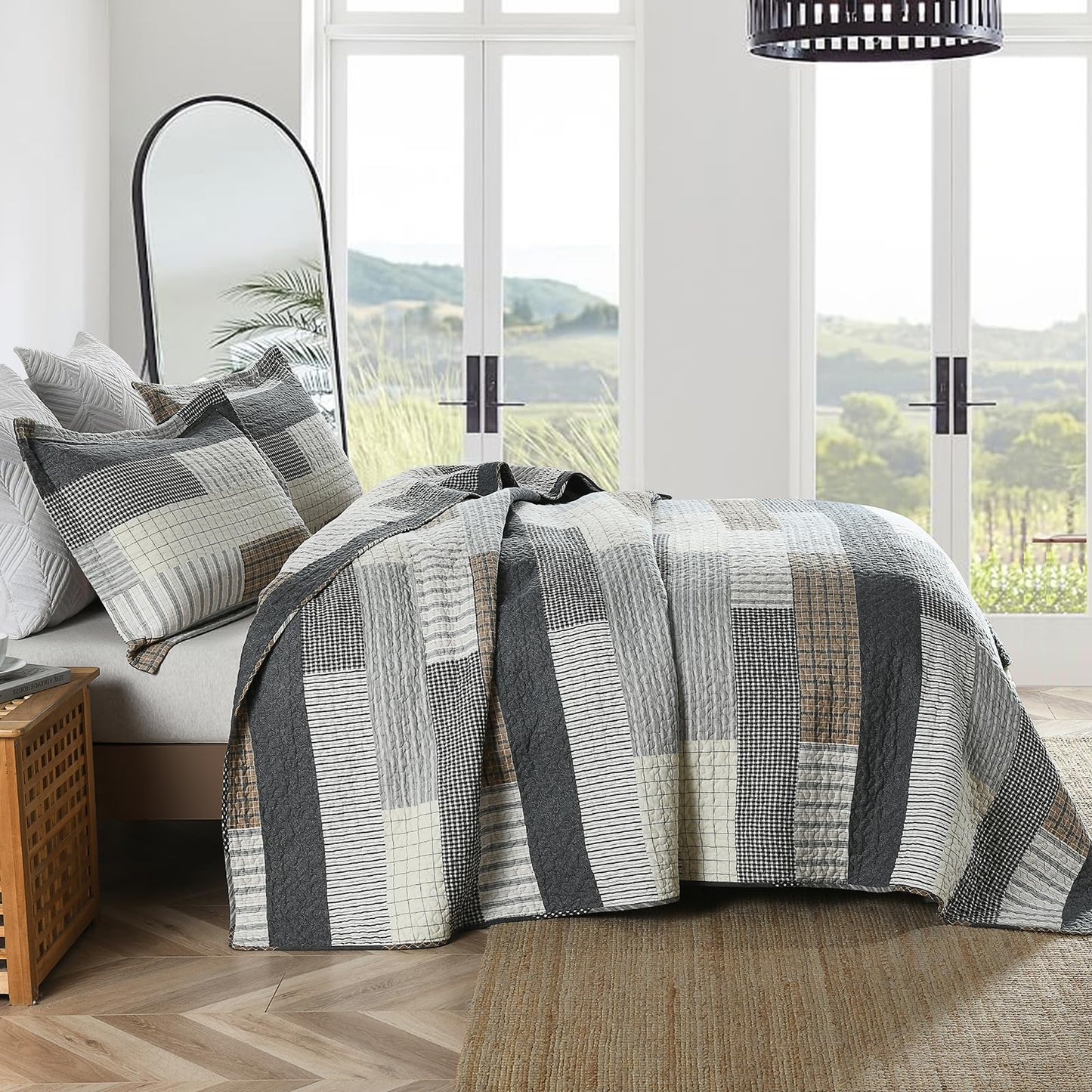 Y-PLWOMEN Queen Quilt Set 100% Cotton Lightweight Quilts Queen Size, Cozy Farmhouse Striped Stitch Home Decor Bedding, Rustic Quilted Bedspread Set for All Season, 3-Pieces
