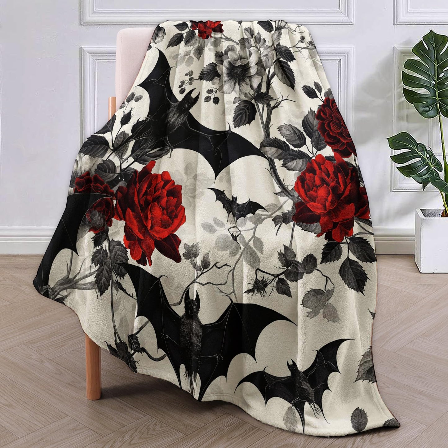 VANZEV Gothic Floral Blanket,Roses and Bat Flannel Throw Blankets,Soft Warm Lightweight Cozy Plush Halloween Goth Throws for Bedroom Sofa Home Decor Gifts for Women Girls 50"x60"