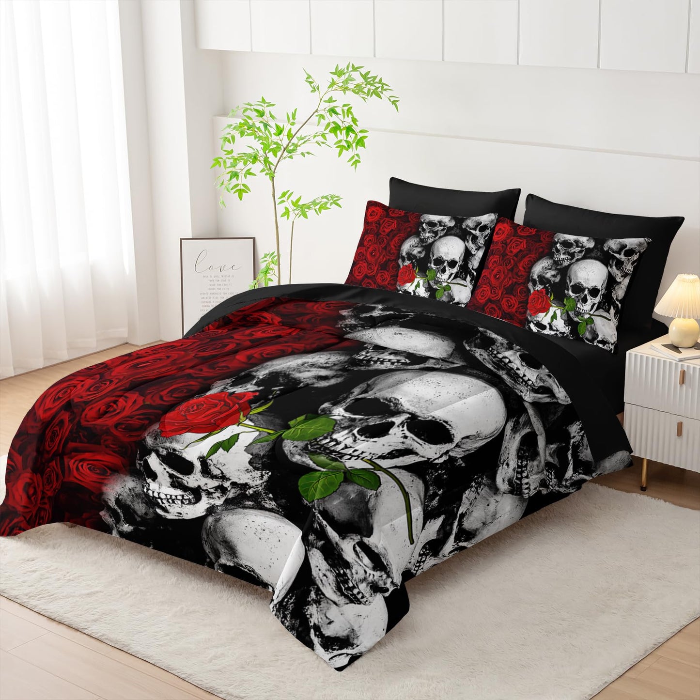 Tuzaovy Black Skull Comforter Set 7 Piece Queen Size Bed in A Bag,Goth Bedding for Room Decor,Soft Western Comforter Boho Hippie Bedding with Fitted Sheet,Flat Sheet, Pillowcases & Shams