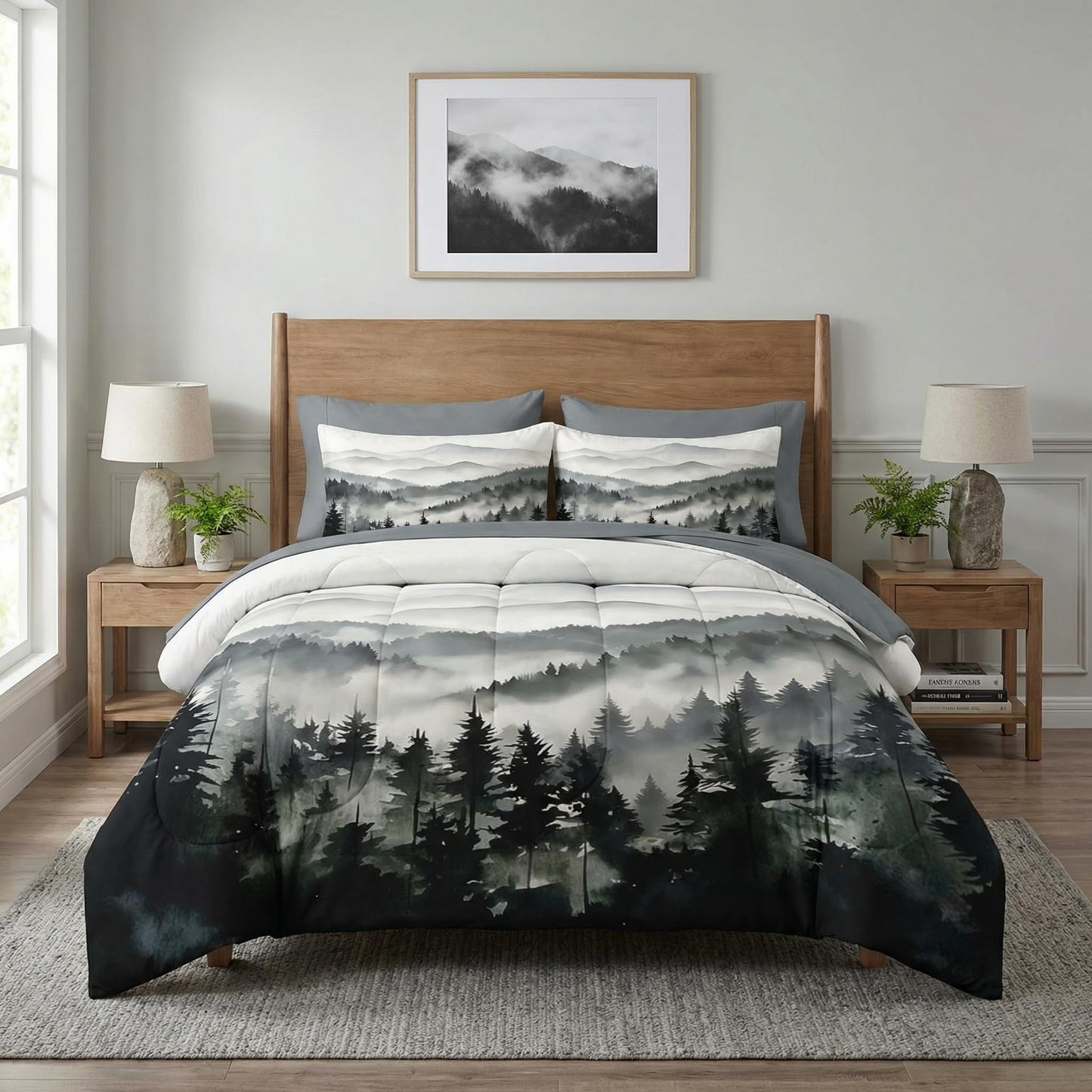 Nesker Comforter Set Full Size, Ink Forest 7 Pcs Bedding for Kids and Adults, Misty Mountains Bed Sheet Sets with Fitted Sheet 2 Pillowcases & 2 Shams
