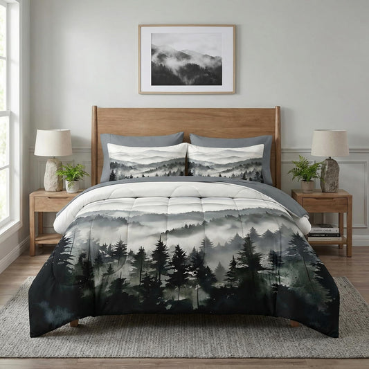 Nesker Comforter Set Full Size, Ink Forest 7 Pcs Bedding for Kids and Adults, Misty Mountains Bed Sheet Sets with Fitted Sheet 2 Pillowcases & 2 Shams