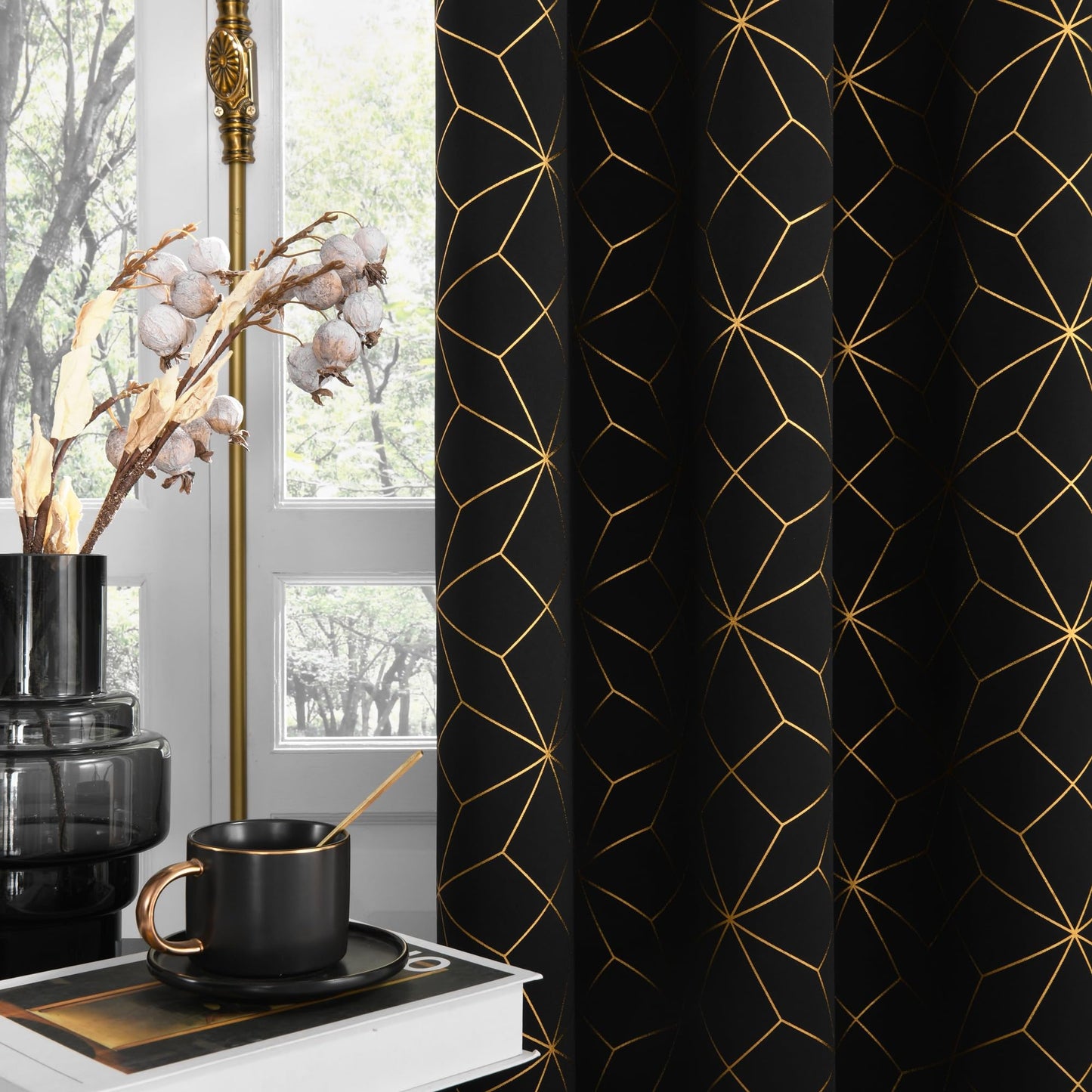 Beauoop 100% Blackout Curtains 84 Inches Long for Bedroom Living Room Moroccan Gold Patterned Drapes Thermal Insulated Grommet Top Window Treatment Panels Set of 2, Black/Gold
