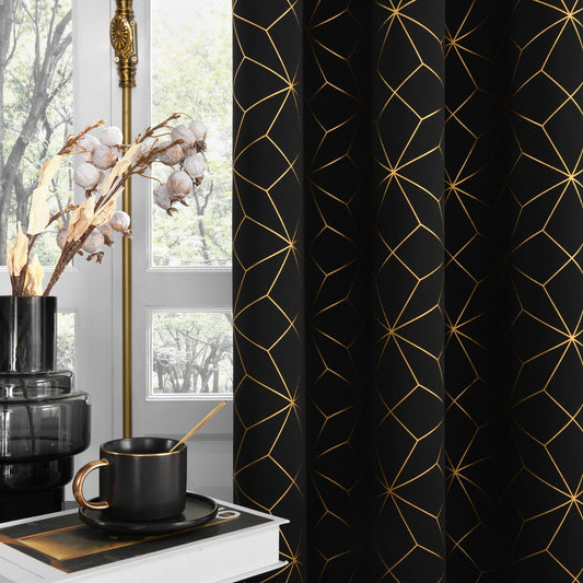 Beauoop 100% Blackout Curtains 84 Inches Long for Bedroom Living Room Moroccan Gold Patterned Drapes Thermal Insulated Grommet Top Window Treatment Panels Set of 2, Black/Gold