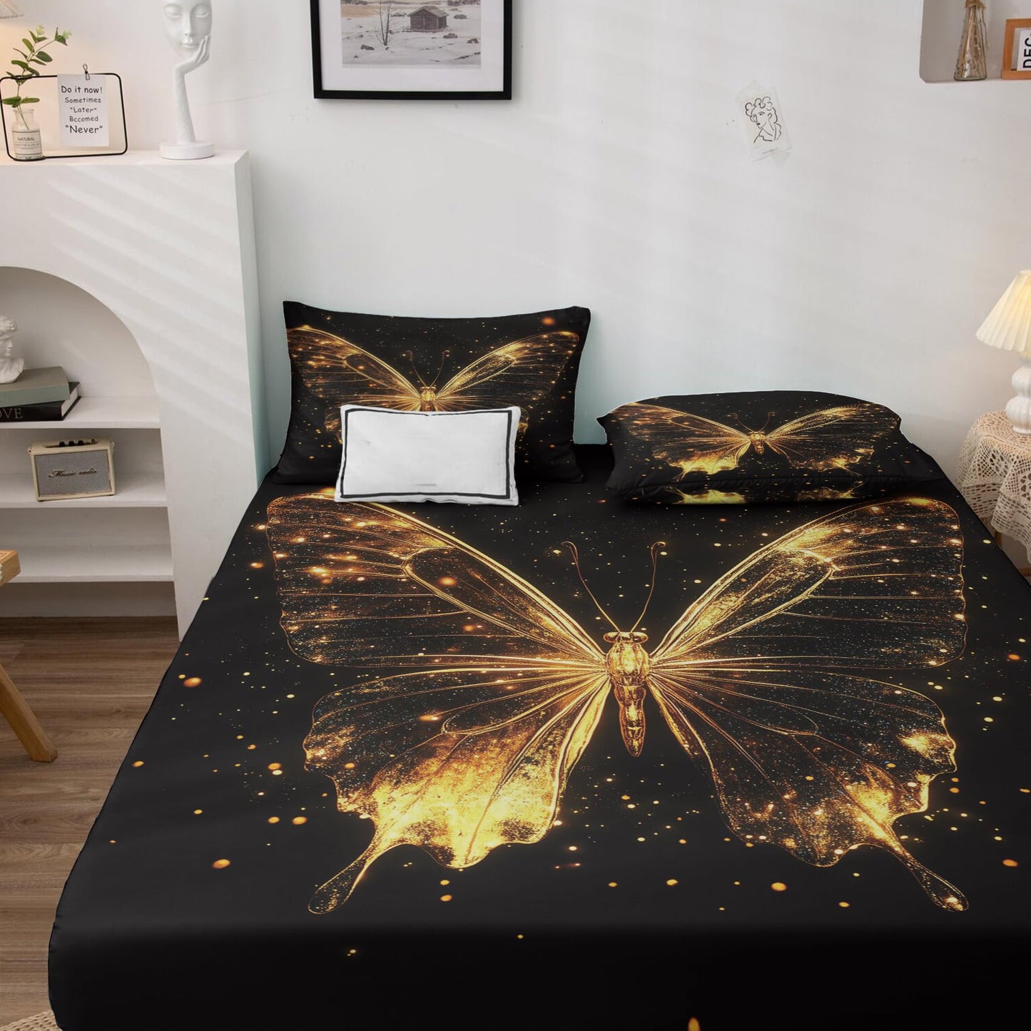 NOGAWA Butterfly Sheets Queen, Butterfly Black Gold Bed Sheets, Deep Pocket & Soft Microfiber Bedding Sheets & Pillowcases 4 Piece - Fitted Sheet & Flat Sheet & 2 Pillow Cases