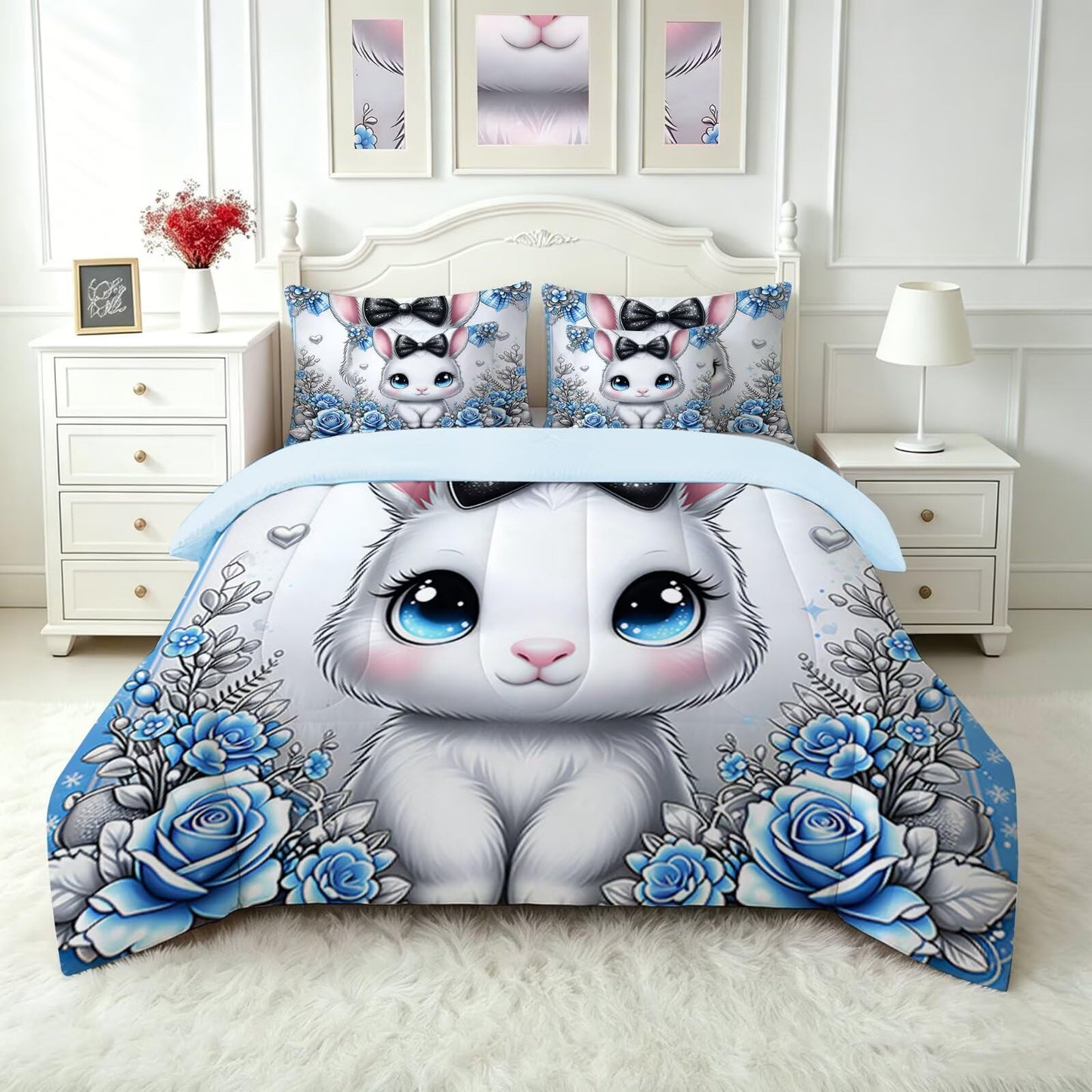 FUYEUN Rabbit King Comforter Set with Sheets for Kids Boys Girls Print 7 Pieces Cute Bedding Set Blue Cartoon Animal Bed in a Bag Princess Room Decor