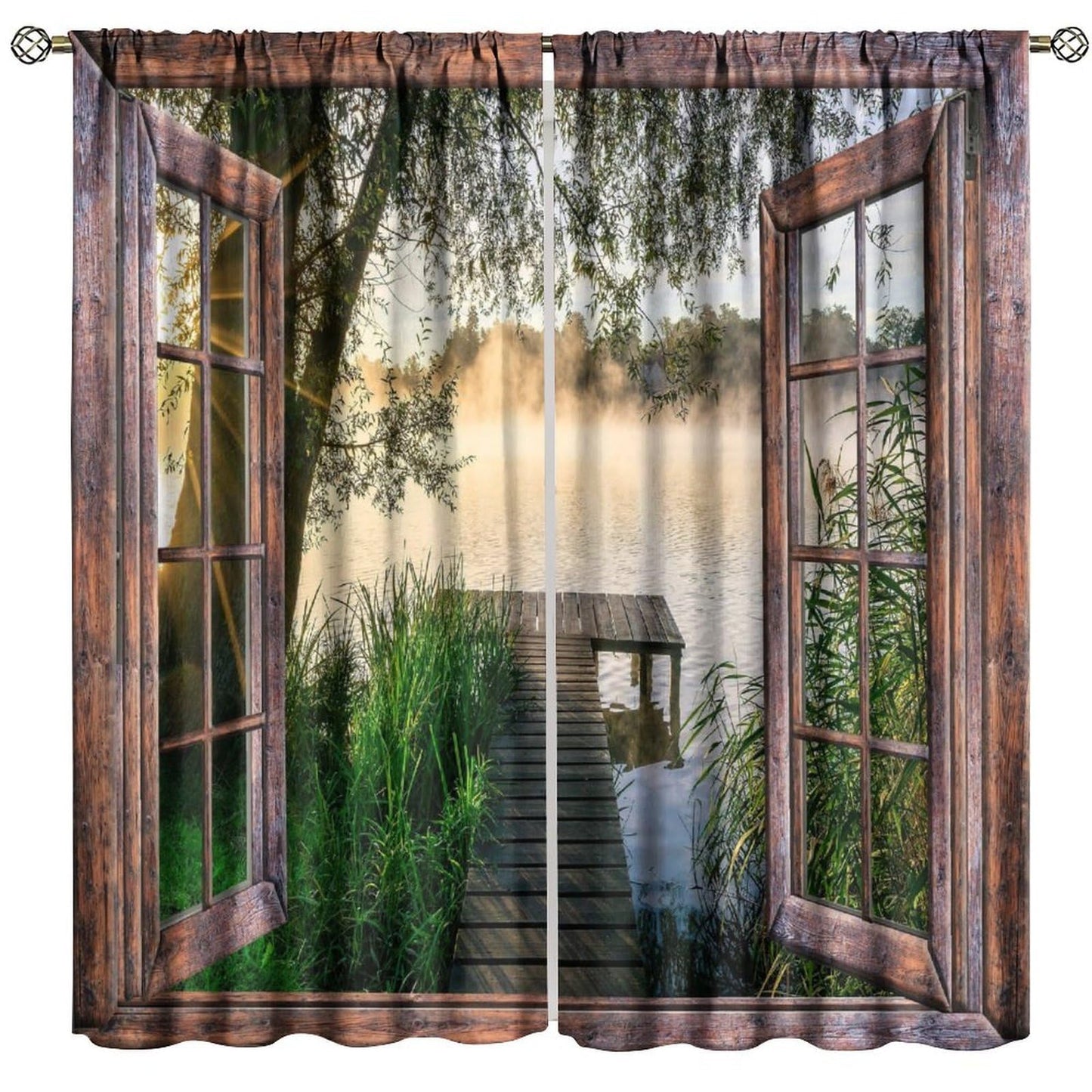 Landscape Scenery Brown Wooden Curtains, Forest Trees Nature Scenery Print Pattern Window Drapes, for Bedroom Living Room 42" W X 45" L (Decorative)