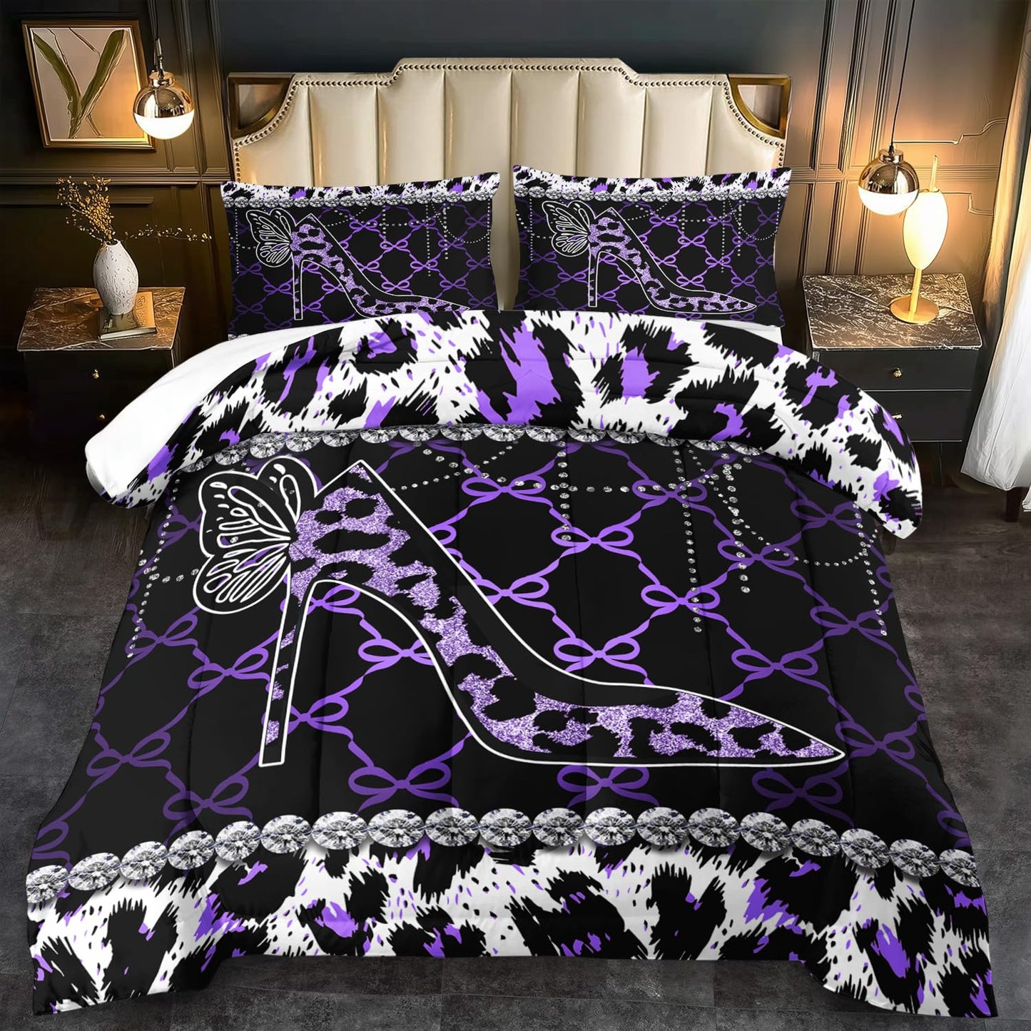 llyxsesty Purple Cheetah Print Comforter Set King Women Sexy High Heels Leopard Print Bedding Set Girls High Heels Leopard Comforter Quilt Animal Bedroom Decor Cheetah Bedding Bed Decor