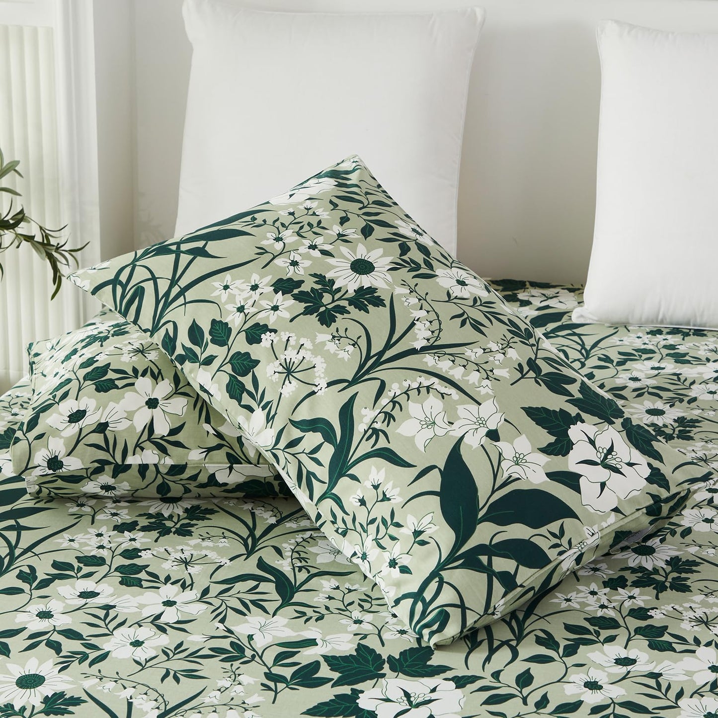 Helthep 100% Cotton Green Floral Printed Bed Sheets, Floral Sheet Set King with 17.5" Deep Pocket, 4Pcs Botanical Patterned Sheets for King Size Bed