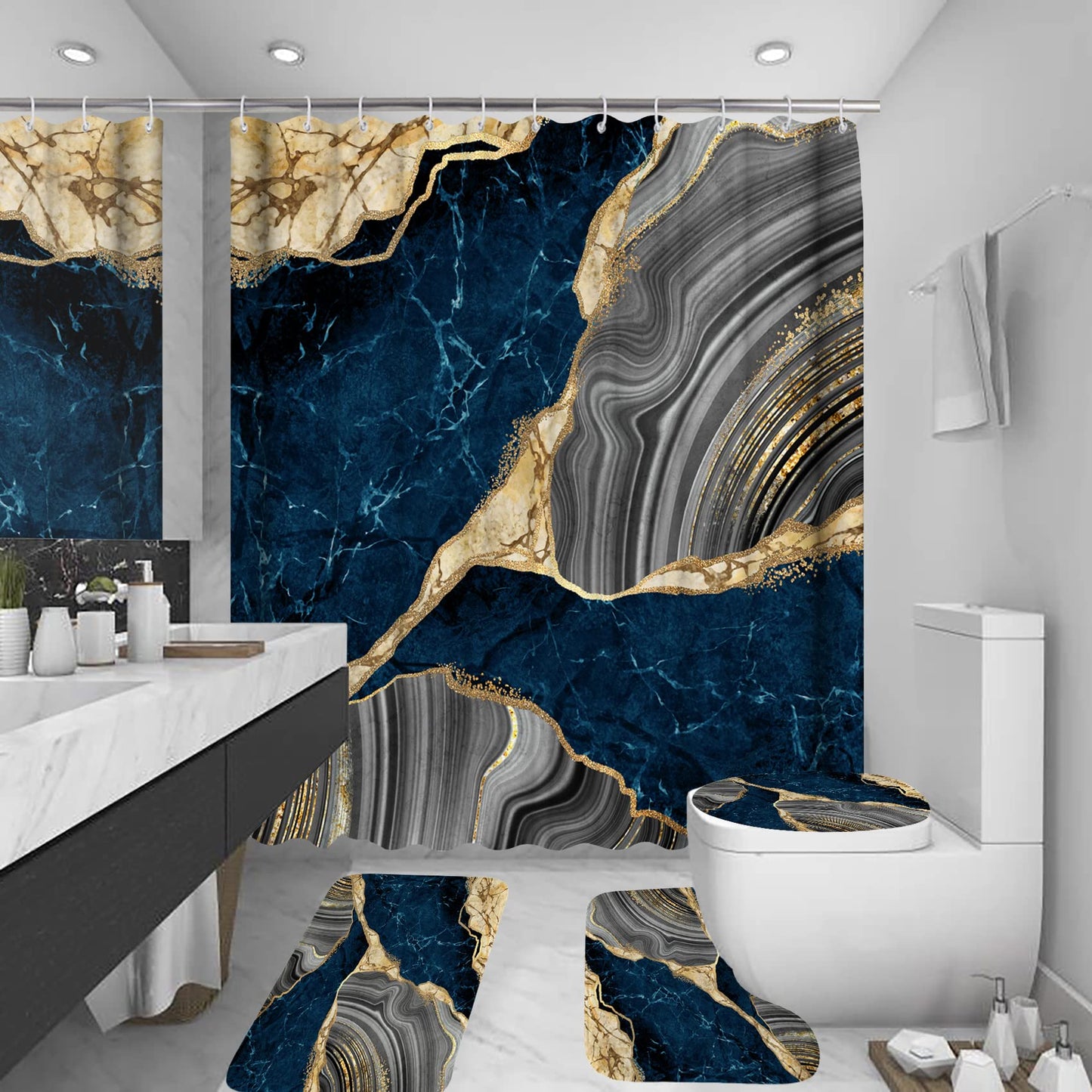 4Pcs Marble Shower Curtain Sets, Bathroom Decor Sets, Luxury Shower Curtain with 12 Hooks, Bath Mat, Toilet Lid Rug and Non-Slip U Shape Mat Accessories Marble Print, 72 x 72 Inch, Navy Blue