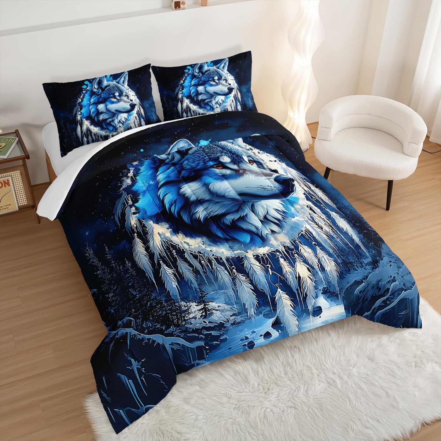 UEVBF Wild Animal Themed Wolf Comforter Set Queen Size,Blue Dream Catcher Snow Scene Bedding Sets for Kids Boys Girls Teens Room Decor,Western Comforter Set with 2 Pillowcases.