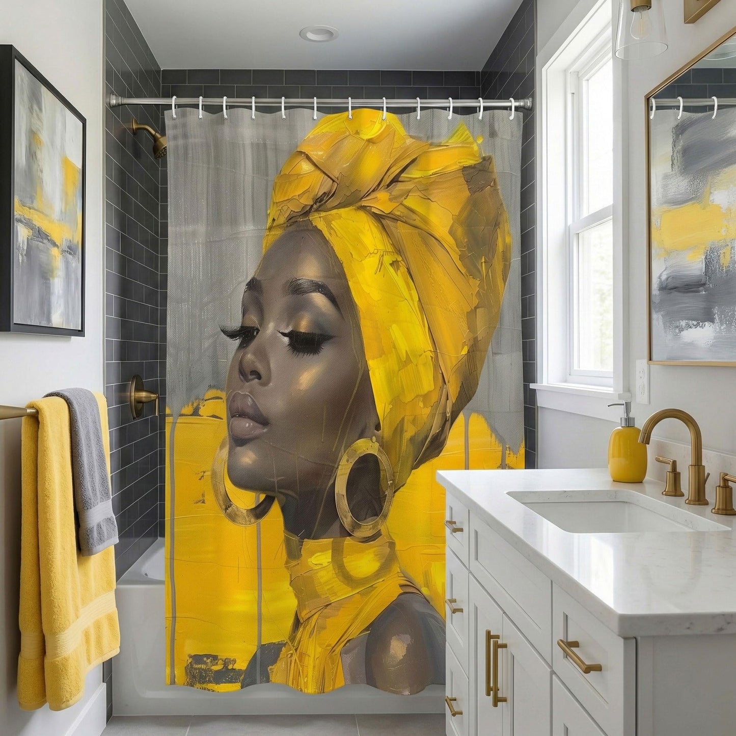 HUAZIYU Golden African Women Art Shower Curtain Set, Grey Yellow Fabric