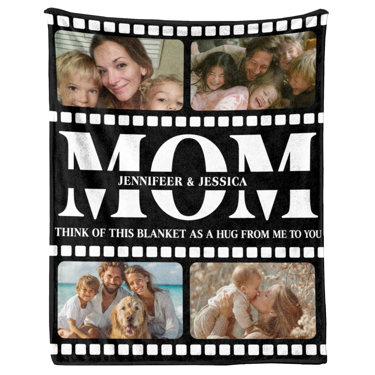 KiKiLuna Personalized Photo Filmstrip Flannel Throw Blanket, Custom Mom Gift with 4 Pictures and Names, 14 Background Color Options, Mother's Day Birthday Christmas Home Decor