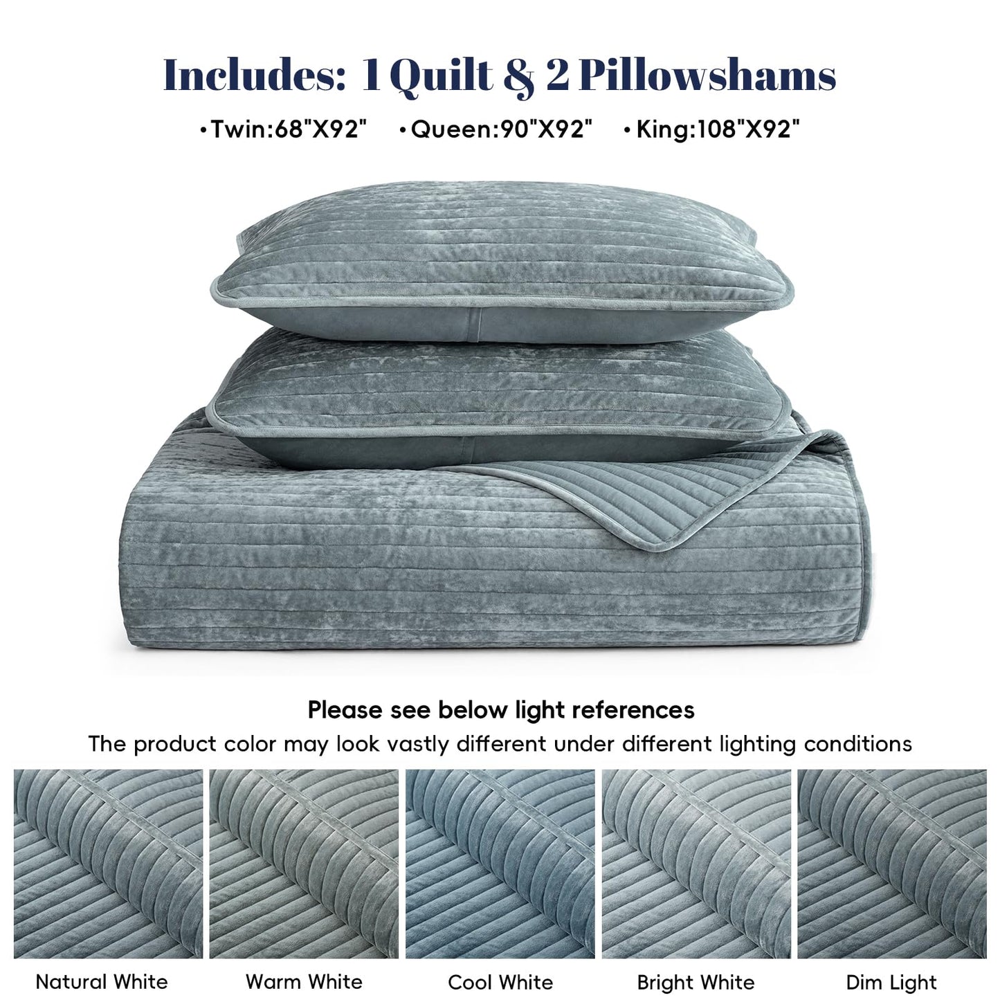PHF Luxury Velvet Quilt Set Queen Size – 3PCS Ultra Soft Quilted Comforter Alternative with Striped Channel, Cozy Quilted Bedspread, 1 Coverlet with 2 Matching Shams, 90" x 92", Dusty Blue