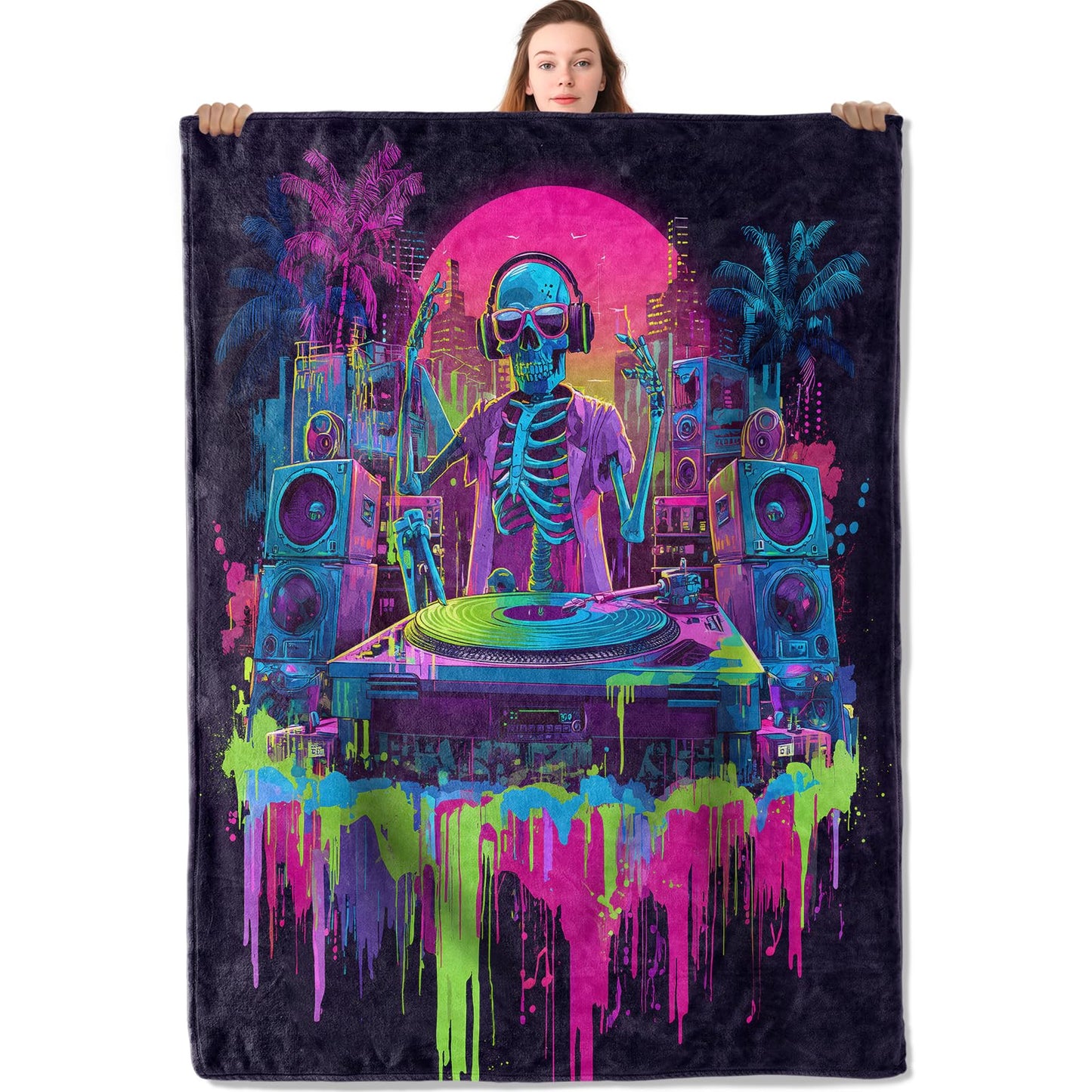 YCUFN Vibrant Skull Flannel Blanket Neon Skeleton Design Warm Lightweight Throw Blankets for Sofa Picnic Travel and Gathering Decorate All Season Use Street Art Style Lovers Gifts 50x60in