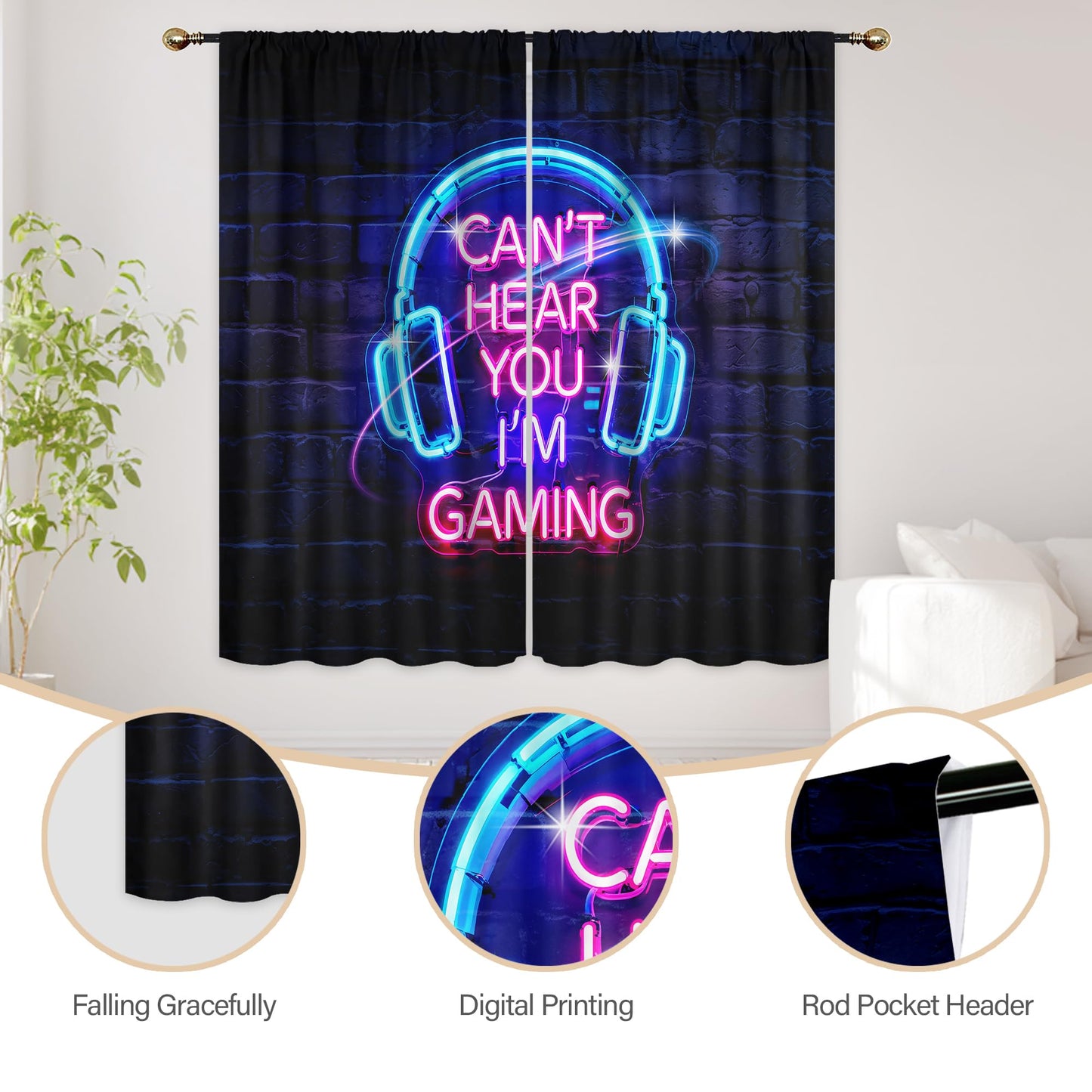 Mitpok Kids Gaming Curtains for Boys Bedroom 42Wx63H Inch Rod Pocket Gamer Game Room Video Game Cool Funny Neon Headset Teens Modern Unique 2 Panels Window Treatment Set for Living Room Decor