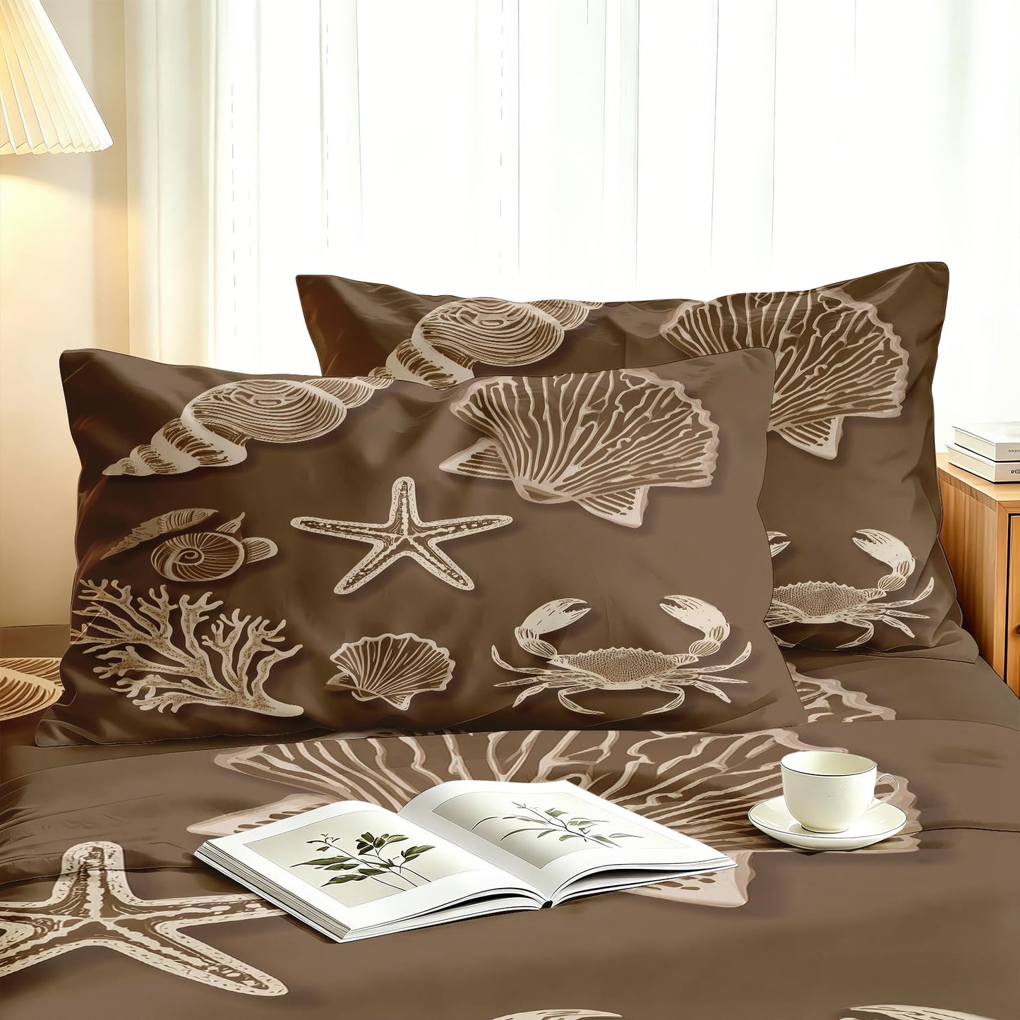 Seashell Full Sheet Set 4 Pcs Brown Coastal Bed Sheets