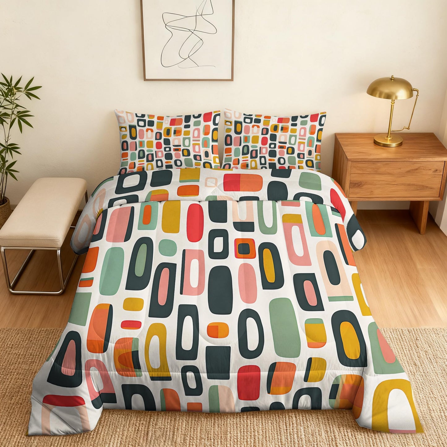 ZDABAOEC Mid Century Retro Queen Comforter Set 3 Piece, 2 Pillow Shams, Geometric Abstract 70s Reversible Down Alternative All Season Bedding, Soft Microfiber, Retro Bedroom Decor