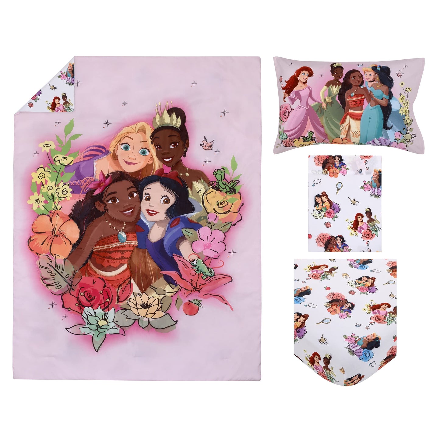 NoJo Disney Alice's Wonderland Bakery Tea Party Pink and Purple 4 Piece Toddler Bed Set - Comforter, Fitted Bottom Sheet, Flat Top Sheet, and Reversible Pillowcase