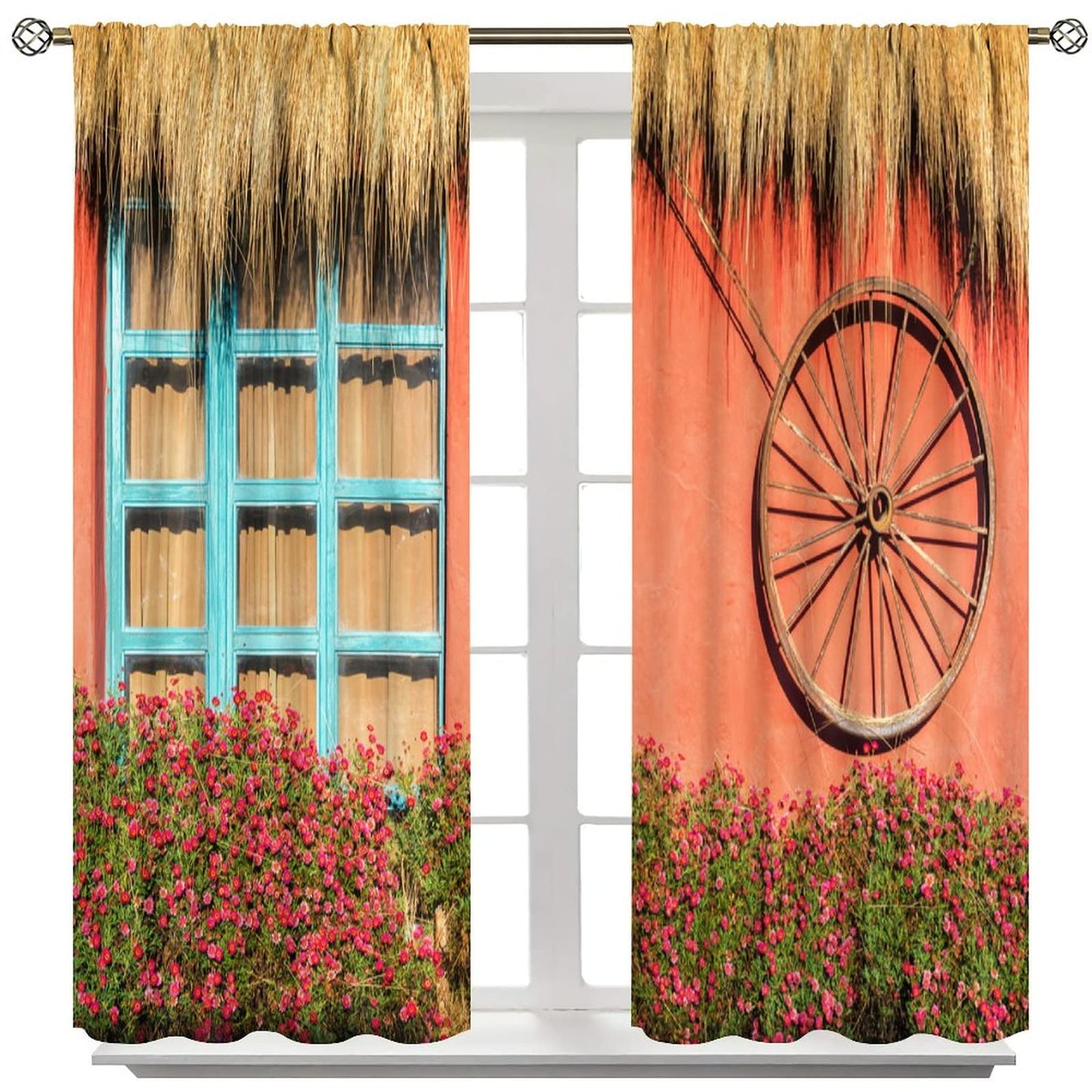 Wooden Door Curtains,Flowers and Wagon Wheel Theme Room Darkening Door Window Rod Pocket Curtain for Living Room Bedroom Kitchen Bathroom W42xL45in
