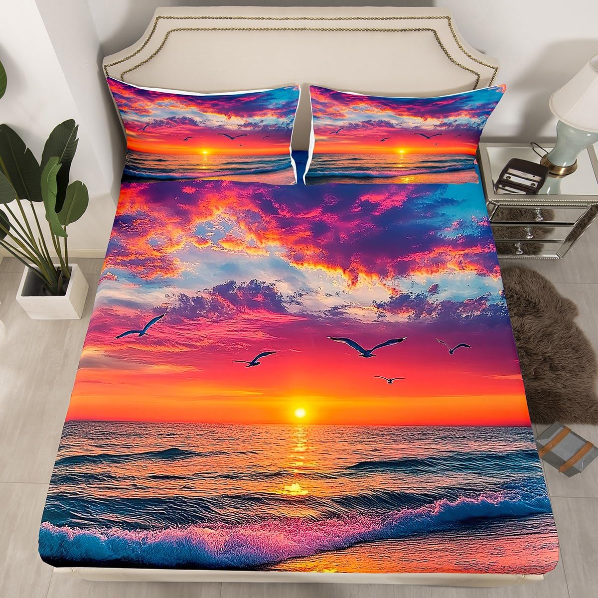 jejeloiu Beach Theme Fitted Sheet Full Size Kids Summer Sea Ocean Sunset Bed Sheets Set for Boys Girls Teens Wave Coastal Seagull Natural Scenery Bedding Set Room Decor