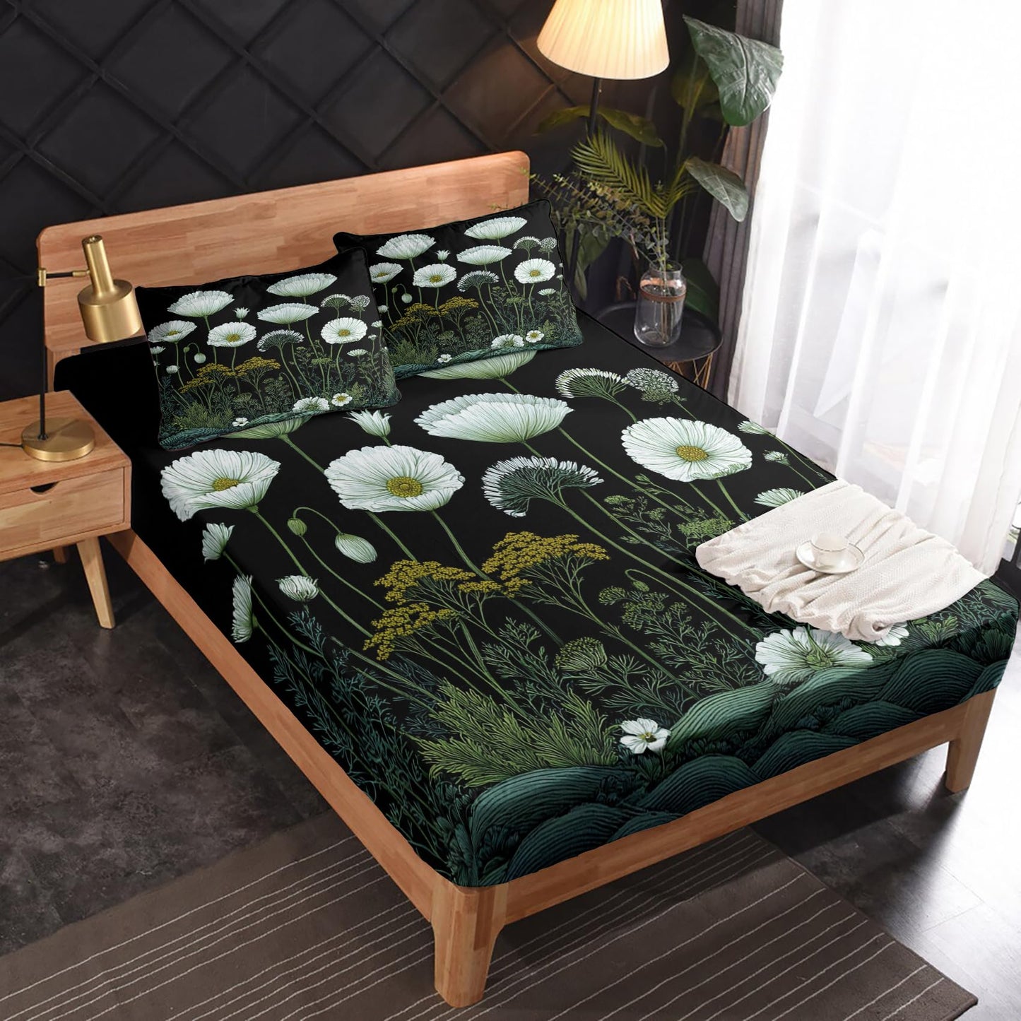 Wildflower Sheets Split King Size - White Floral Green Botanical Bed Sheet Set - Deep Pocket Soft Microfiber Bedding Set 5 Piece - Fitted Flat Sheet Pillowcases - Wildflower Bedroom Decor & Gifts