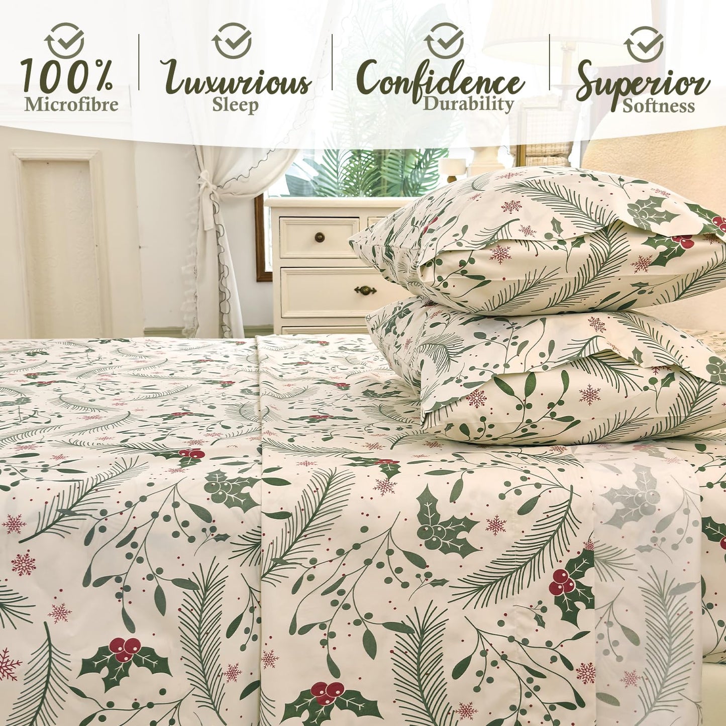 MICORAL Boho Floral Queen Sheet Set, 4-Piece Printed Botanical Bed Sheets, 16" Deep Pocket, Ultra Soft & Cooling Sheet, Oeko-TEX Certified, Beige Plants