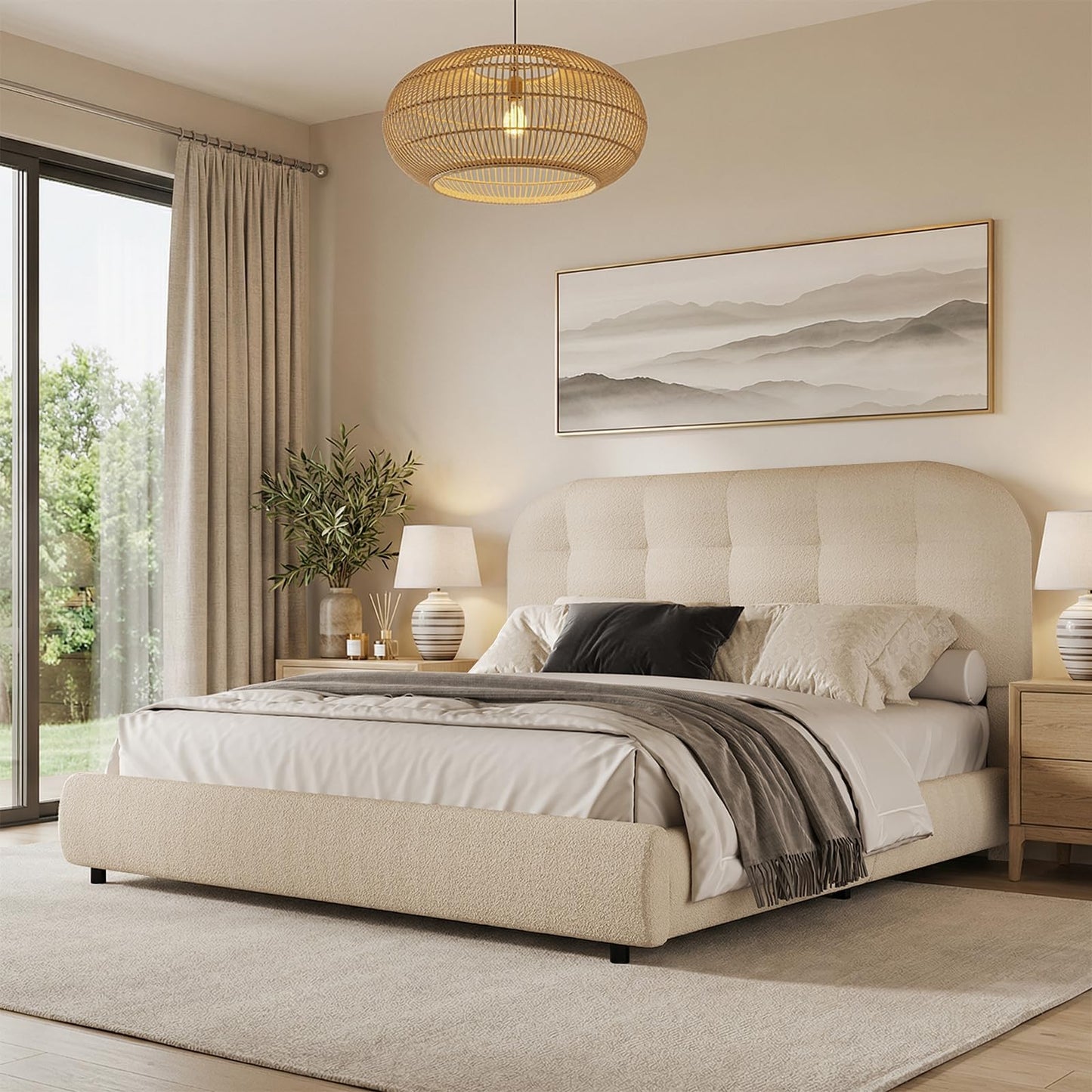 BarnFurin Full Size Bed Frame, Boucle Upholstered Platform Bed with Headboard, Cloud Bed Frame, Soft Rounded Corners, No Box Spring Required, Easy Assembly, Cream