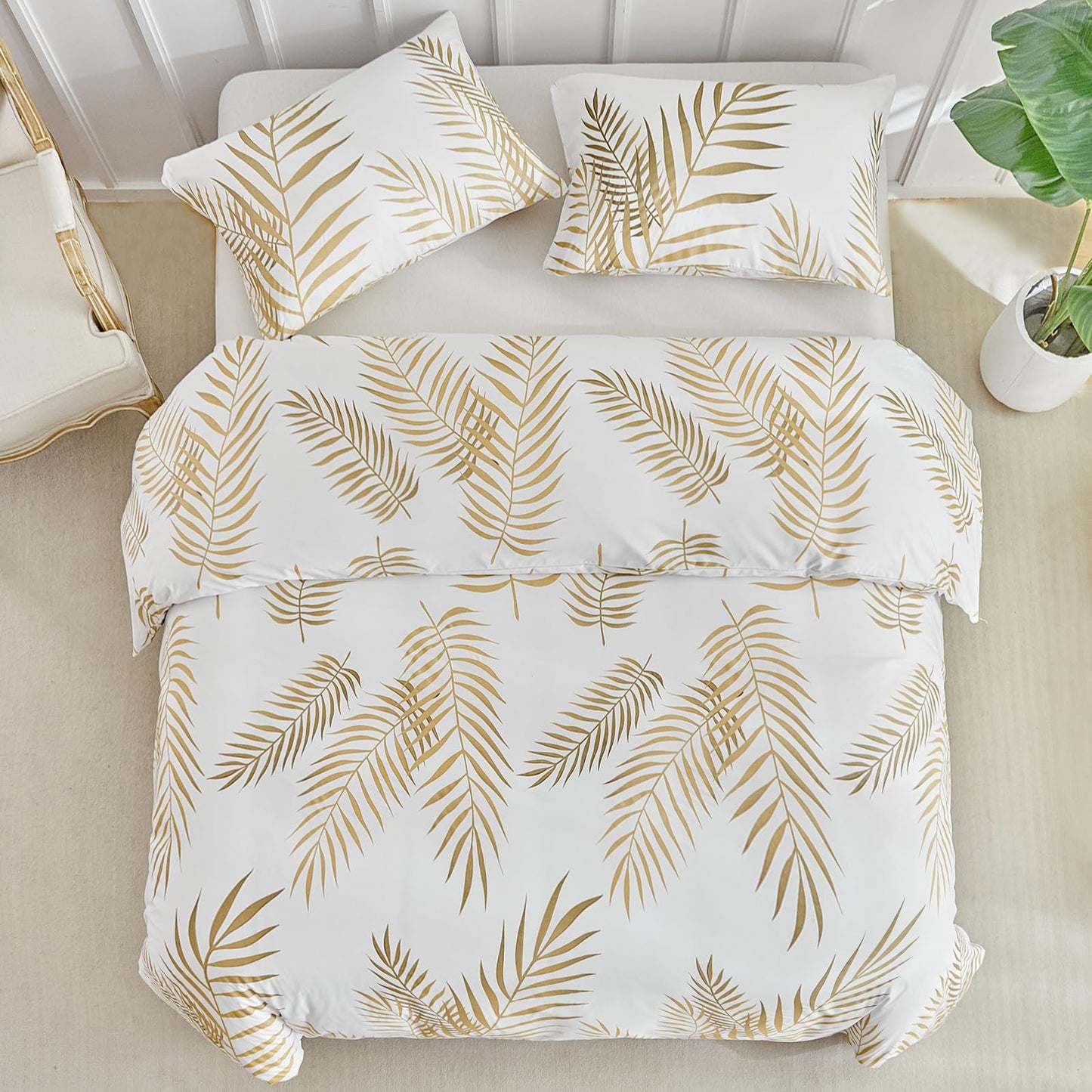 Lekesky King Duvet Cover Set, White and Gold Tropical Palm Leaf Pattern Comforter Cover King Size, 3 Pieces Soft Microfiber Bedding Sets with Zipper & 2 Pillowcases, Comforter Not Included