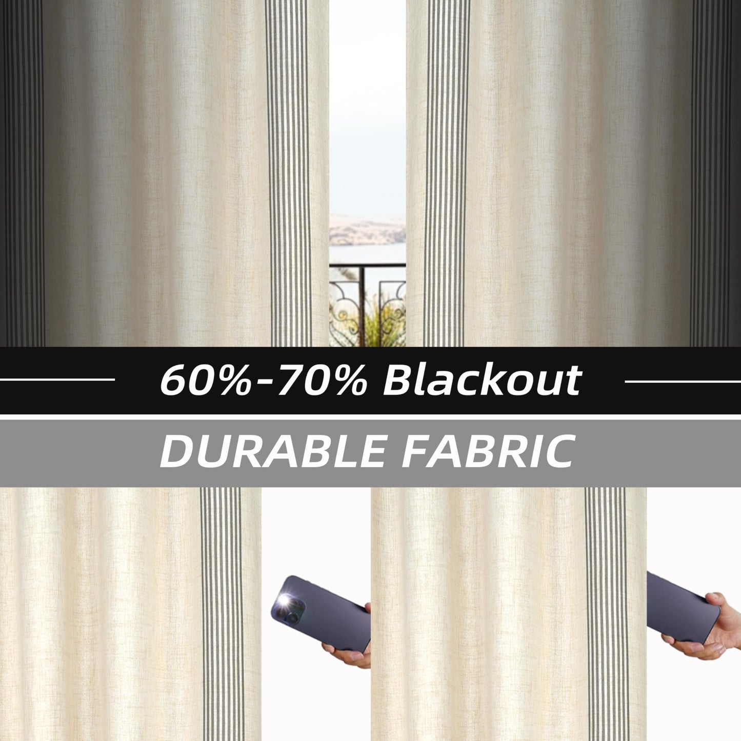 DriftAway Chris Linen Blackout Curtains with Thermal and Sound Reducing Layer 84 Inches Long for Bedroom Striped Printed Drapes Thermal Insulated Lined Window Treatments for Living Room Cabana Gray