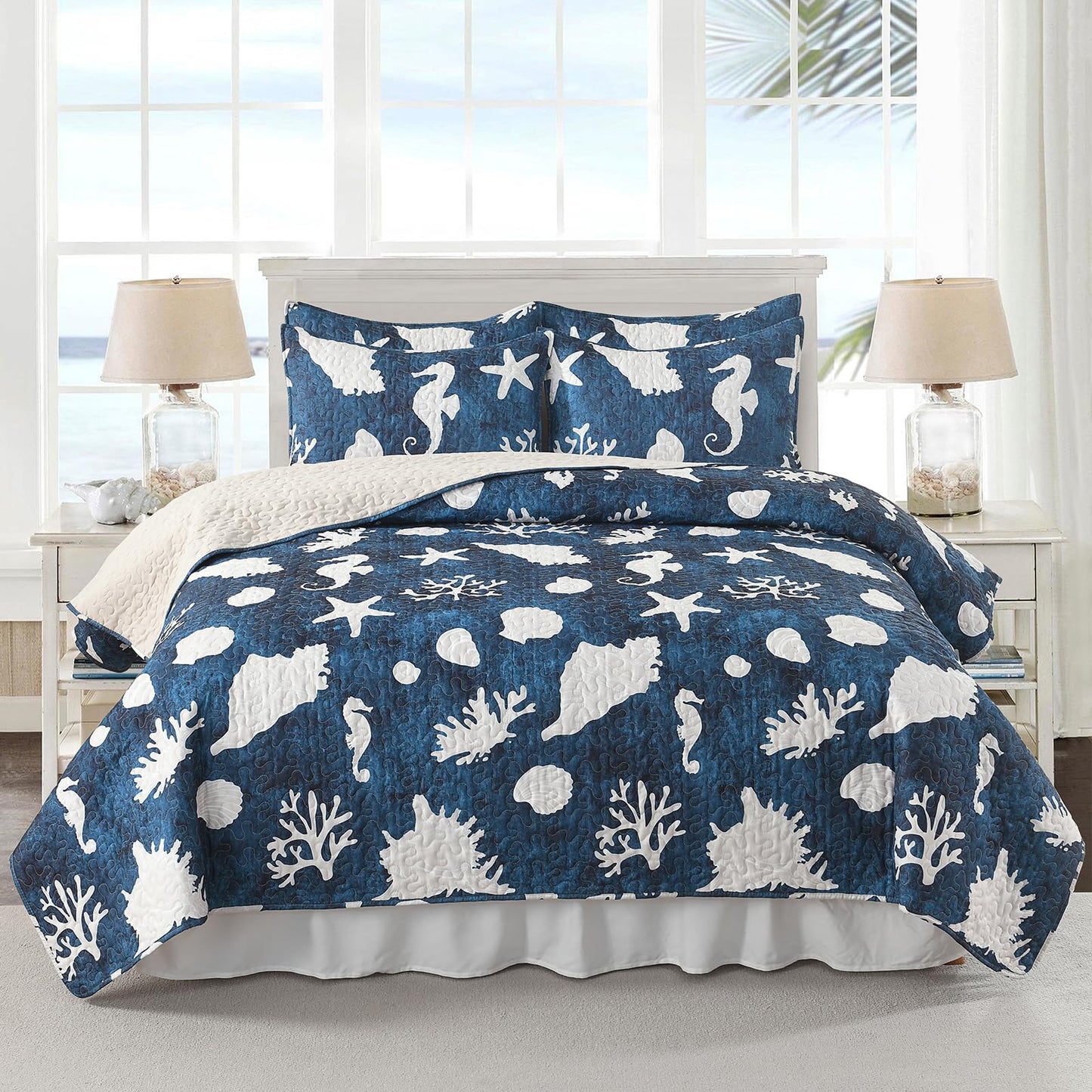 HORIMOTE HOME Coastal Quilt Bedding Set Queen Size, Reversible Navy Summer Beach Quilt Lightweight Ocean Nautical Comforter Tropical Bedspread Coverlet with 2 Pillow Shams for All Seasons (90"x96")