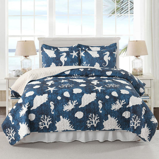 HORIMOTE HOME Coastal Quilt Bedding Set Queen Size, Reversible Navy Summer Beach Quilt Lightweight Ocean Nautical Comforter Tropical Bedspread Coverlet with 2 Pillow Shams for All Seasons (90"x96")
