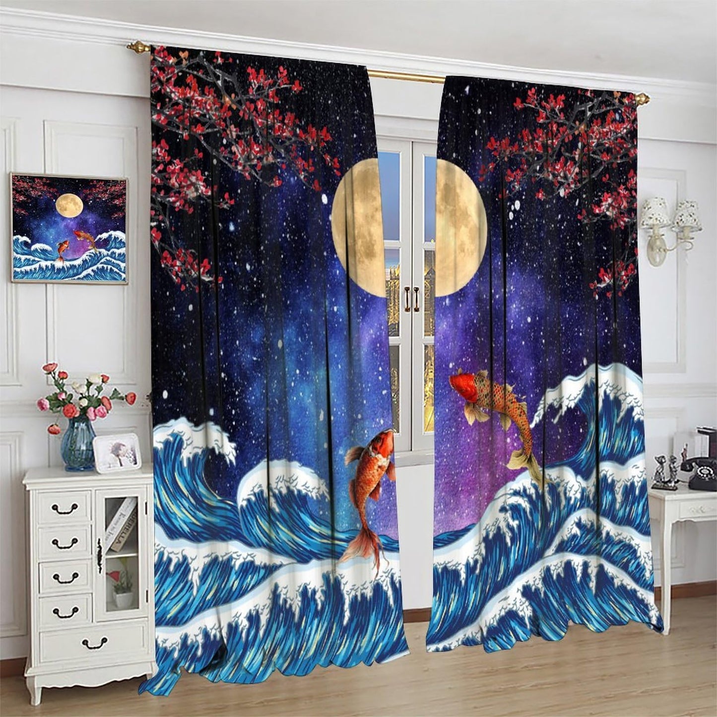 Koi Asian Oriental Cherry Blossom Moon Sea Wave Pattern Curtains for Bedroom Living Room Kitchen - Blackout Privacy Noise Reduction - 42x45 Inches 2 Panels