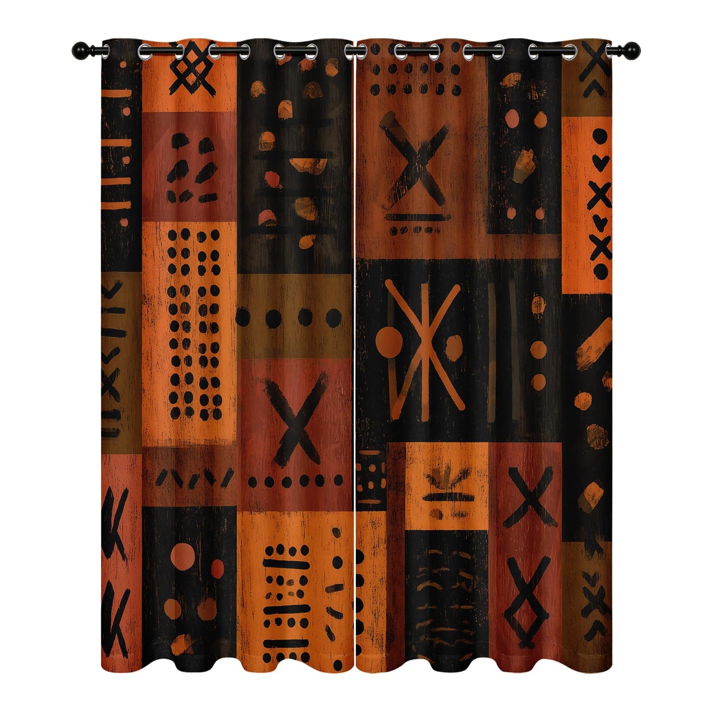 African Tribal Curtains 54 Inch Length 2 Panels Set, Mud Cloth Geometric Patchwork Patterned Blackout Curtains for Kitchen, Thermal Insulated Room Darkening Grommet Drapes