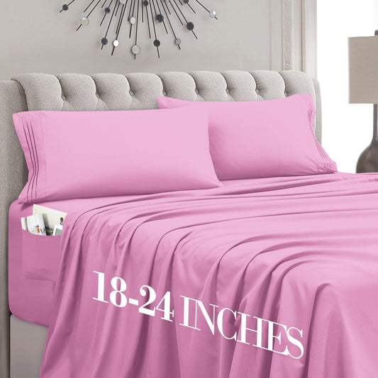 Mocassi Full Size 4-Piece Bed Sheet Set - 1800 Premium Hotel Quality Microfiber 18-24 Inches Extra Deep Pocket Fitted Sheet- Luxury Soft, Breathable, Wrinkle, and Fade Resistant, Light Pink