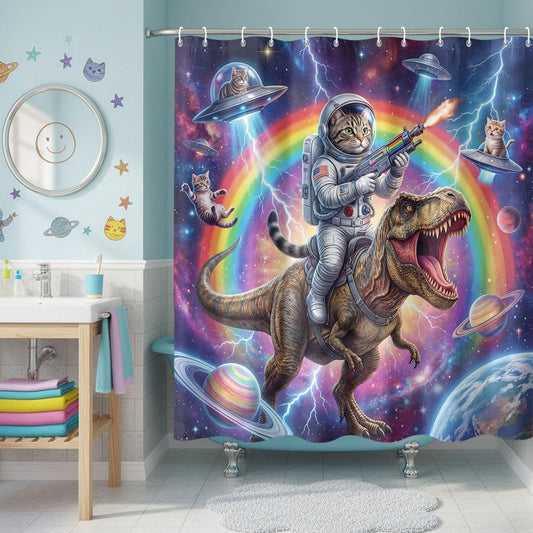 Lifeel Funny Cat Dinosaur Shower Curtain, Rainbow Laser Space Galaxy UFO Lightning Cool Meme Bath Curtain Set with Hooks Waterproof and Washable, 72 x 72 Inches