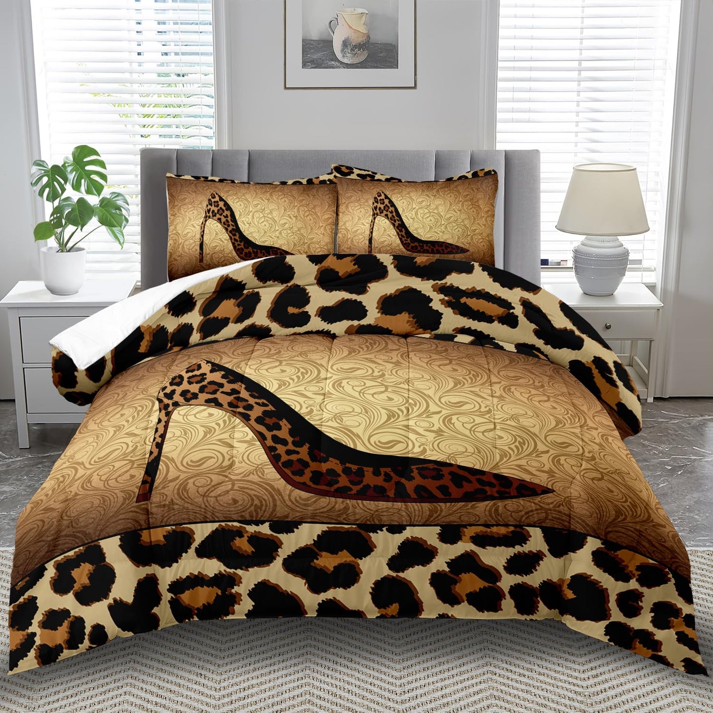 llyxsesty Leopard Comforter Set King Girls,Sexy High Heel Comforter for Women,Leopard Print Bedding Set King Adult,High Heel Quilt Bedroom Decor,African Animal Print Bedding Quilt
