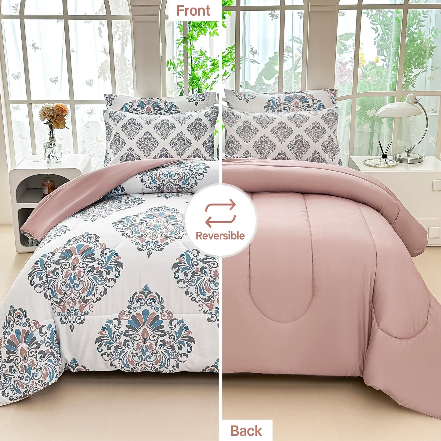 lasoftan Floral Queen Comforter Set with Sheets, 7 piece Luxury Vintage Bedding, Soft Microfiber Bed in a Bag, Cozy Lightweight Bed Set, Damask Boho Flower