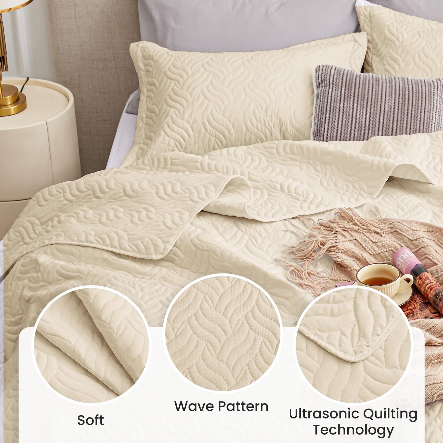 Love's cabin Twin Quilt Bedding Set Camel Bedspreads - Soft Bed Summer Lightweight Bedspread Comforter - Wave Pattern Bedding Coverlet for All Season - 2 Pieces (1 Quilt, 1 Pillow Sham)