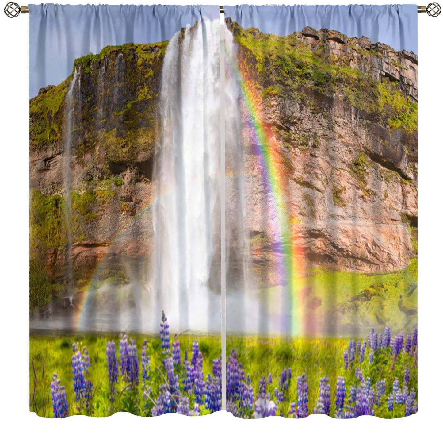 Rainbow Waterfall Curtain, Purple Wild Flower Green Plants Natural Scenery Landscape Print Decor Rod Pocket Window Drapes, for Bedroom Living Room 42" W X 45" L