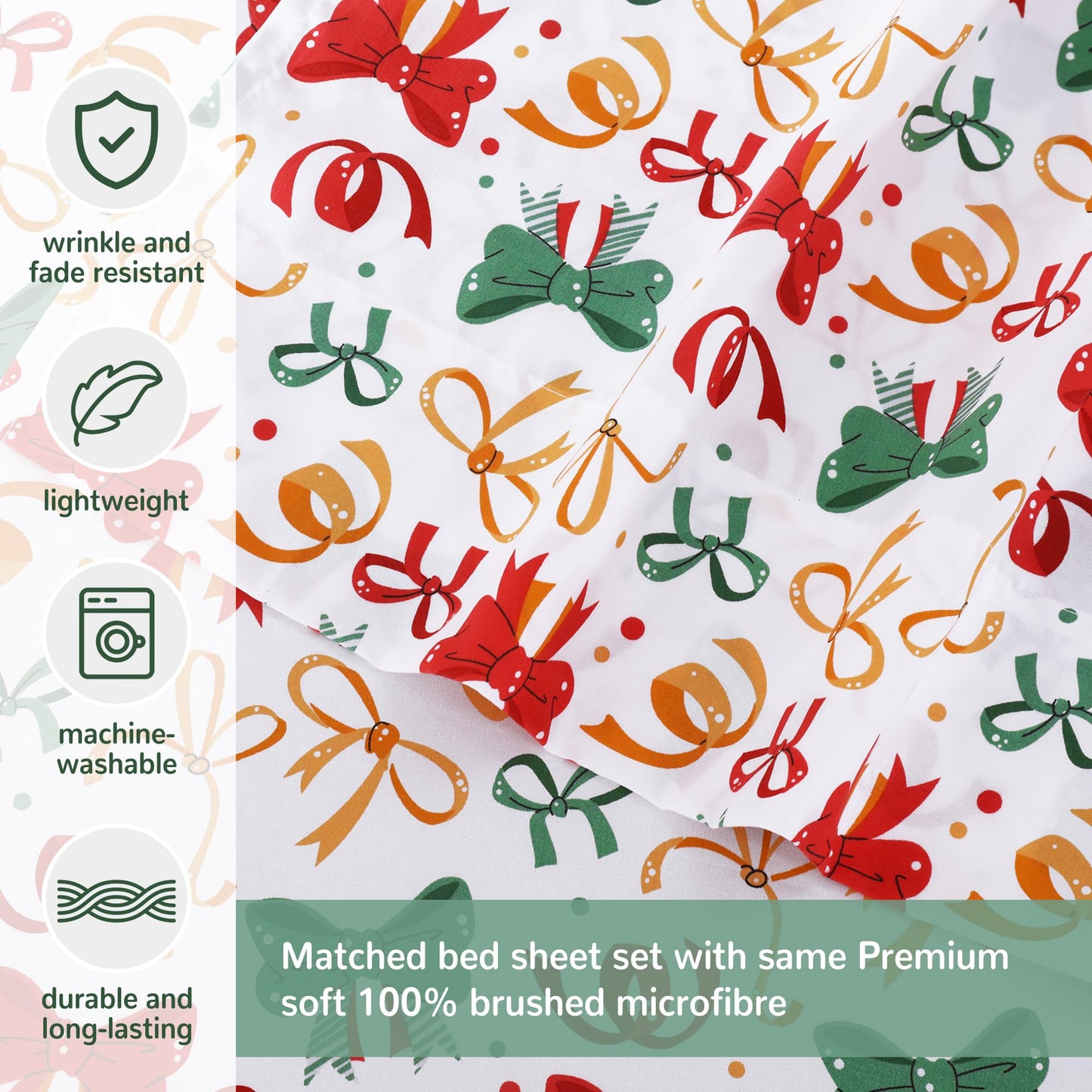 Softan Kids Bed Sheet Set, Boys/Girls Full Size Sheets, Microfiber Kids Fitted Sheet and Pillowcase, Breathable and Silky Soft, 4 Piece Christmas Bowknot Printed Full Bed Sheet