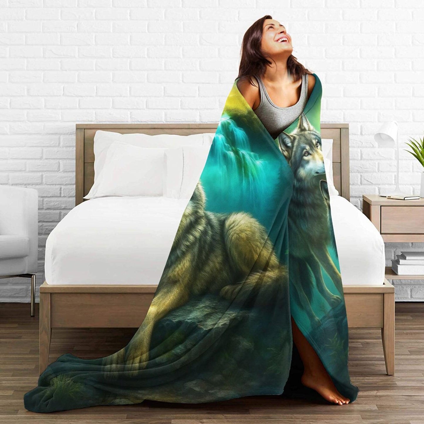 Wolf Blanket Blue-Green Wolf Fleece Throw Blanket Super Soft Fuzzy Plush Cozy Warm Wolves Decor Stuffed Bedding Blankets Gift for Boys Girls Men Women Kids & Adult 50"X40"