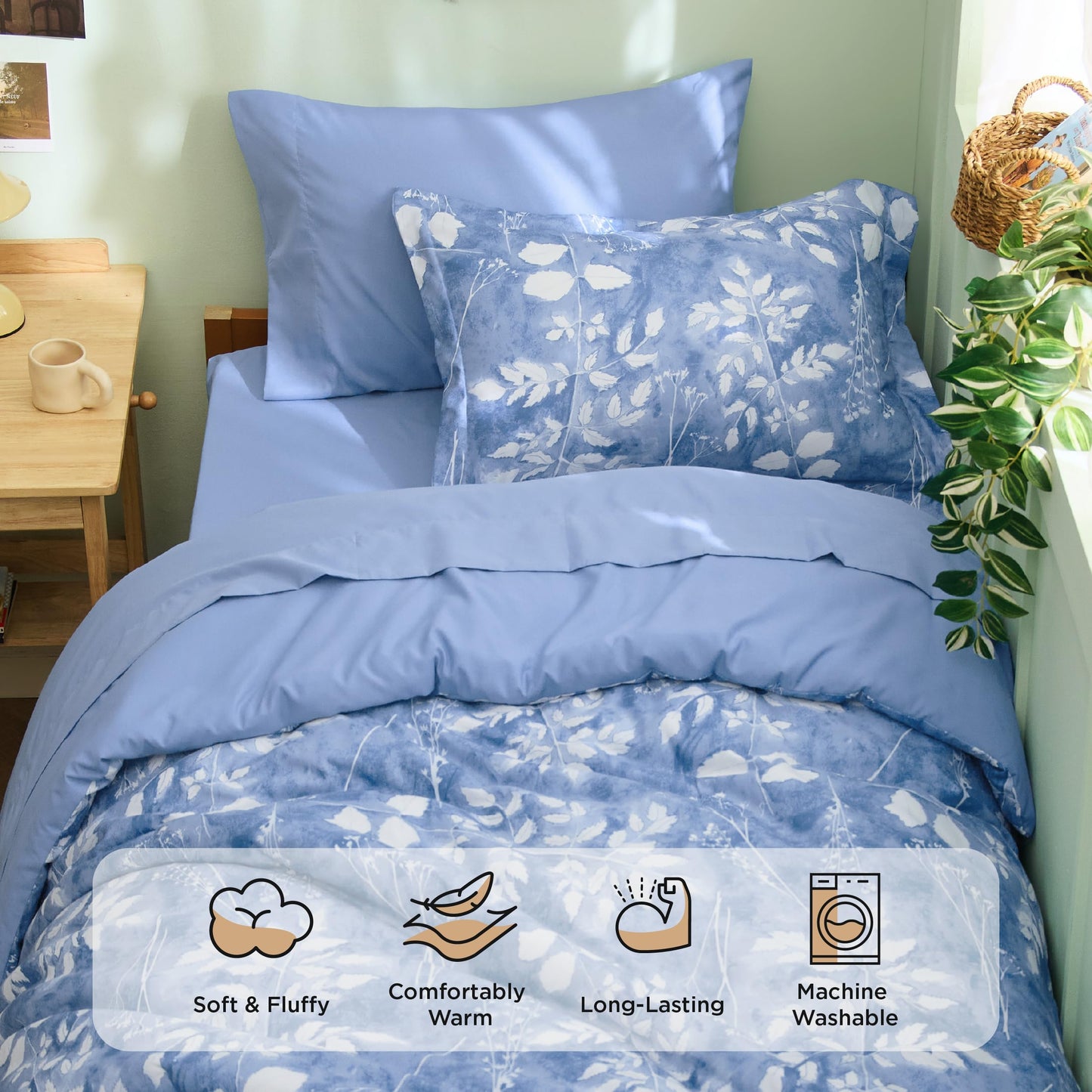 Bedsure Blue Twin XL Comforter Set - 5 Pieces Floral Bedding Sets Twin XL Bed in a Bag with Reversible Botanical Flowers Comforter, Sheets, Pillowcase & Sham