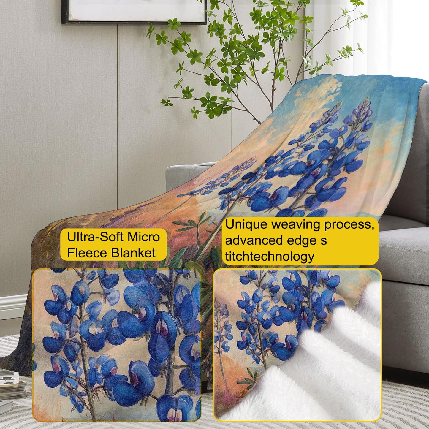VANZEV Bluebonnet Flower Painting Blanket, Artistic Floral Flannel Throw Blankets,Soft Warm Lightweight Cozy Plush Throws for Bedroom Sofa Office Home Decor Gifts for Women Girls 60"x50"