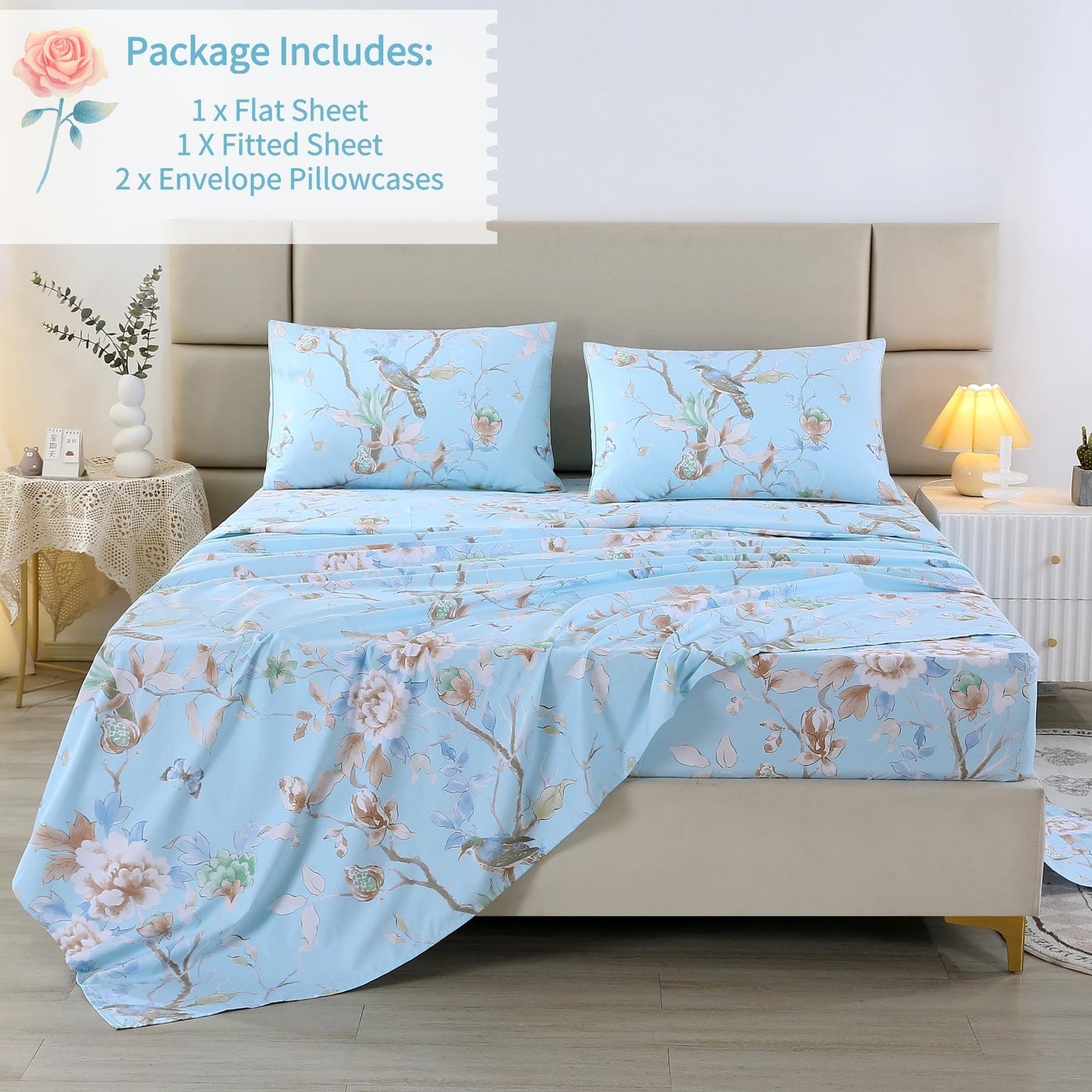 RYNGHIPY Egyptian Cotton Bed Sheet Set Blue Bird Botanical Pattern Bed Sheets Deep Pocket Fitted Sheet Tree Branches Print Bedding Soft Breathable (Light Blue,Queen Size)