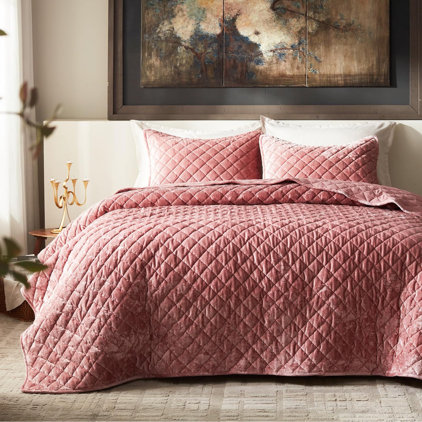 Cosybay Luxury Velvet Quilt Set Queen, Lightweight Oversized Bedspread Coverlet Quilted Box Stitch Bedding Set, with 2 Matching Pillow Shams, for All Season, Rose Pink