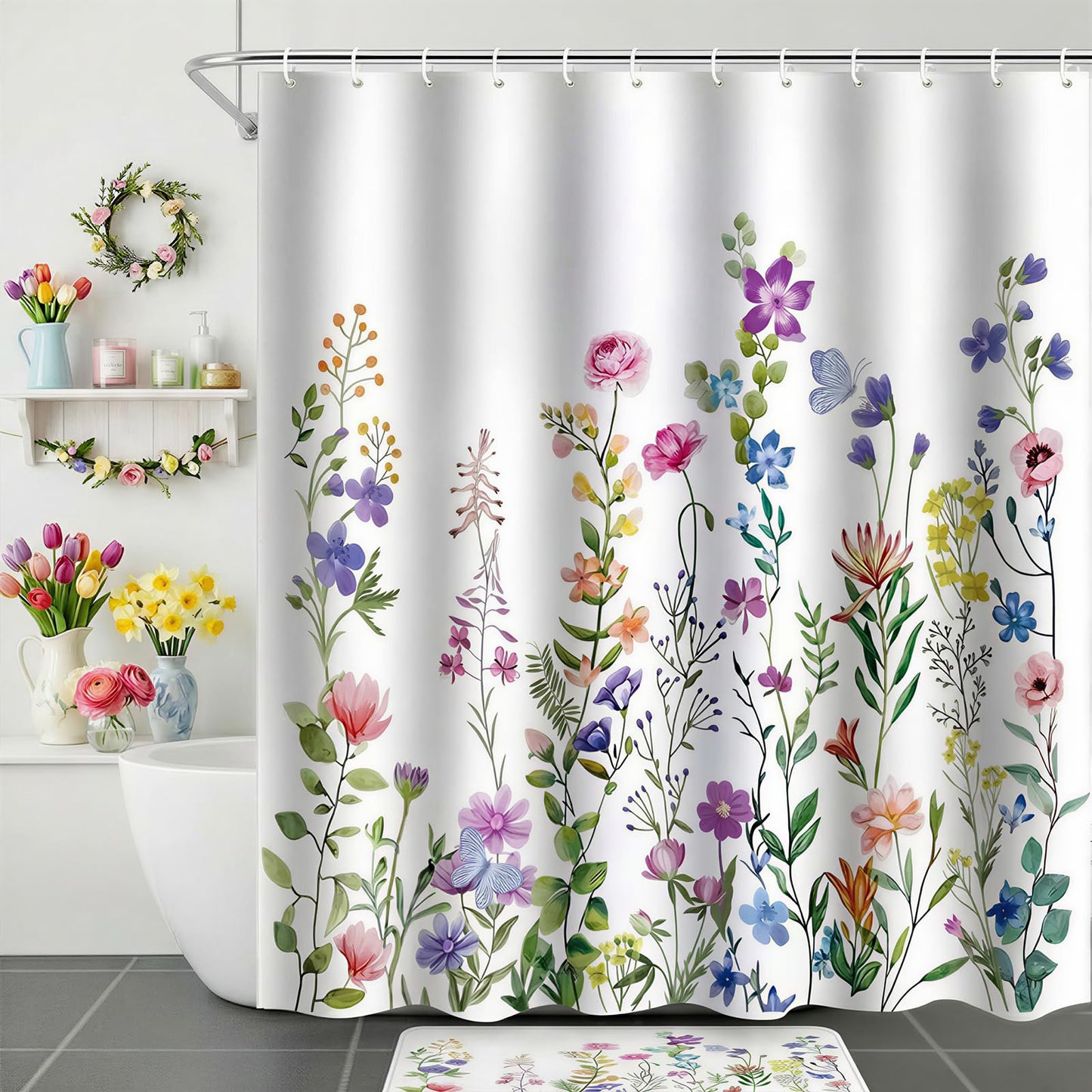 ZCHOMI Spring Floral Shower Curtain Wildflower Plant Shower Curtains for Bathroom Waterproof Polyester Fabric Bath Curtain 72 x 72 Inch with 12 Plastic Hooks