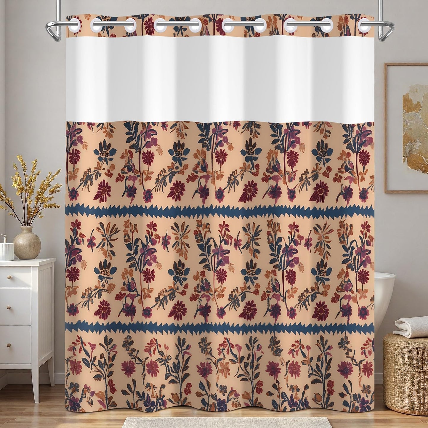 Xiazhilaio Vintage Boho Floral No Hook Shower Curtain with Snap in Liner