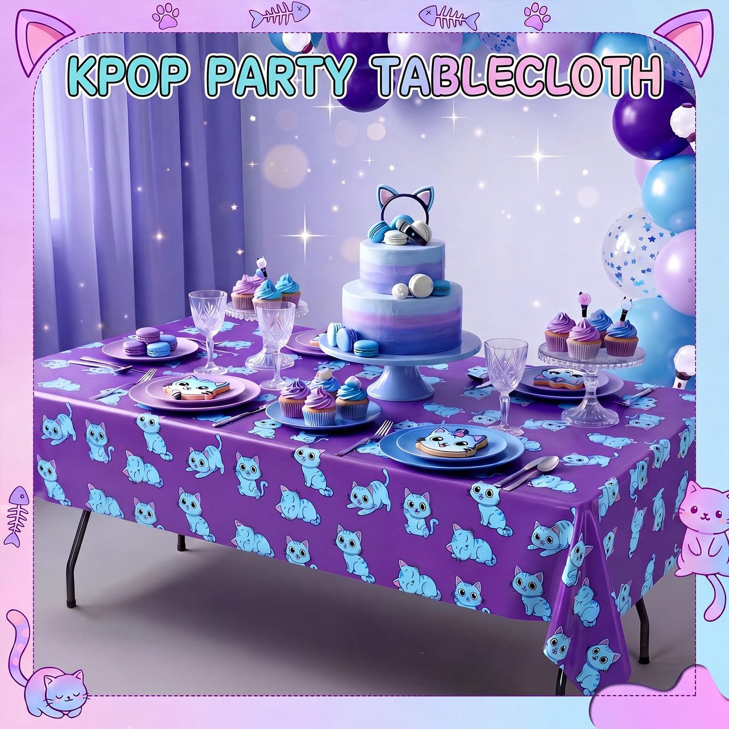 Breling 2 Pcs Blue Cat Kpop Birthday Decoration Tablecloths 54 x 108in Blue Cat Plastic Table Cover Disposable Kpop Theme Tablecloth Party Table Cover Korean Idol Movie Decor for Bachelorette Birthday