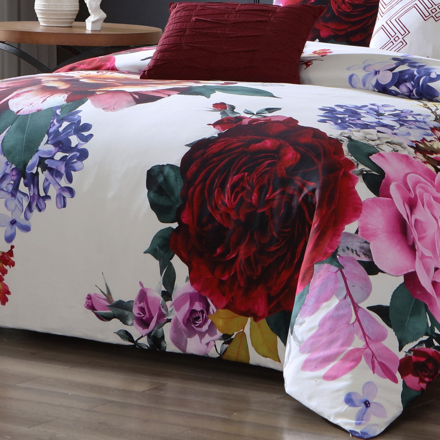 Bebejan Magenta Floral 5 Piece Comforter Set, 100% Cotton Sateen, 220 Thread Count, Red Reversible Bedding Comforter Set, 1 Comforter, 2 Shams & 2 Pillows (King/Cal King)